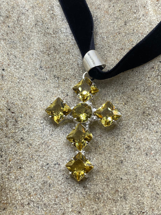 Vintage Golden Yellow Glass Cross Choker Necklace