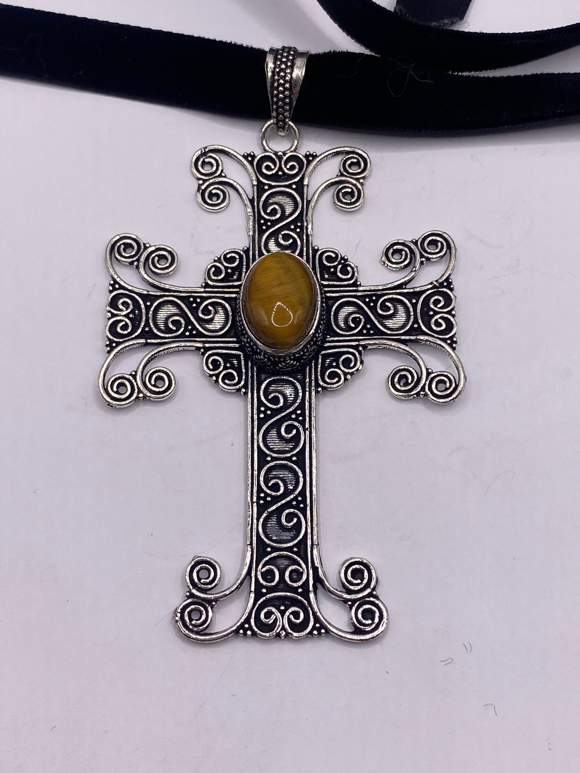 Vintage gothic tigers eye cross Pendant Necklace