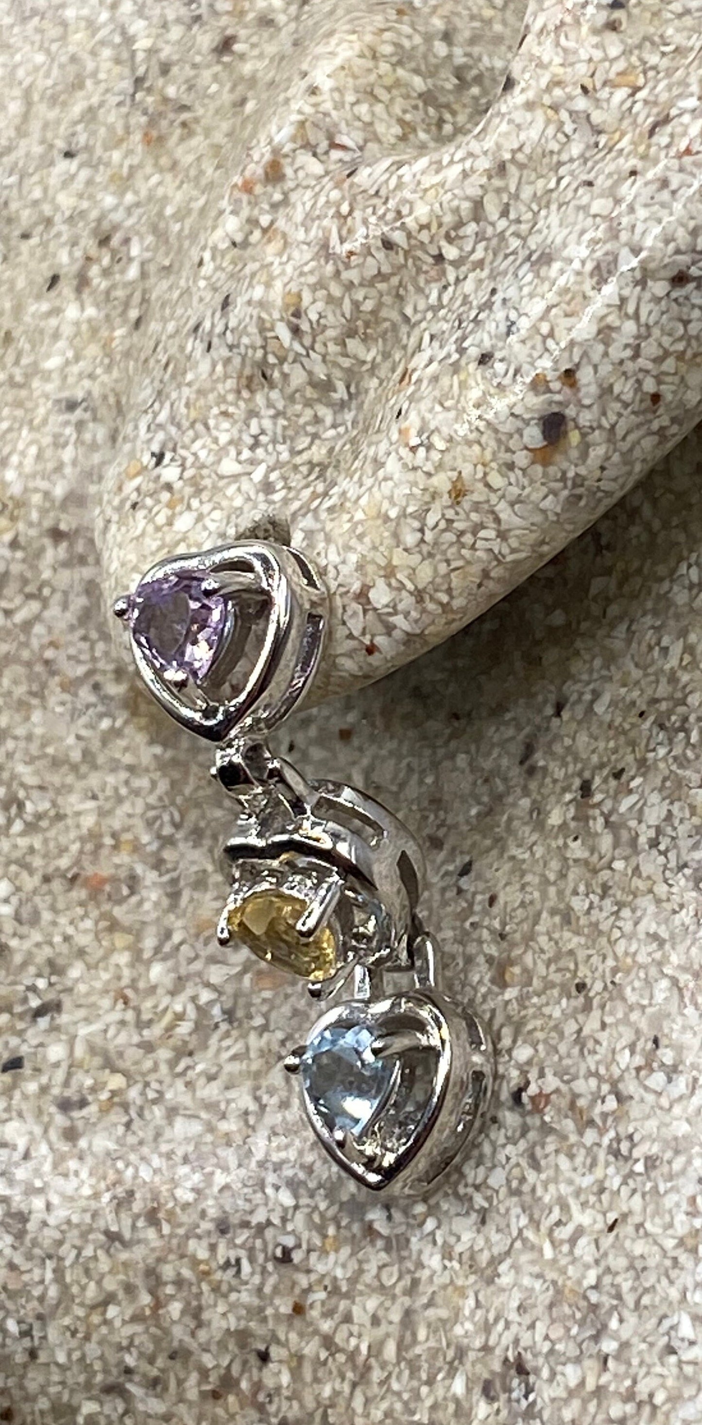 Vintage Heart Mixed Genuine Gemstone Filigree 925 Sterling Silver Dangle Earrings