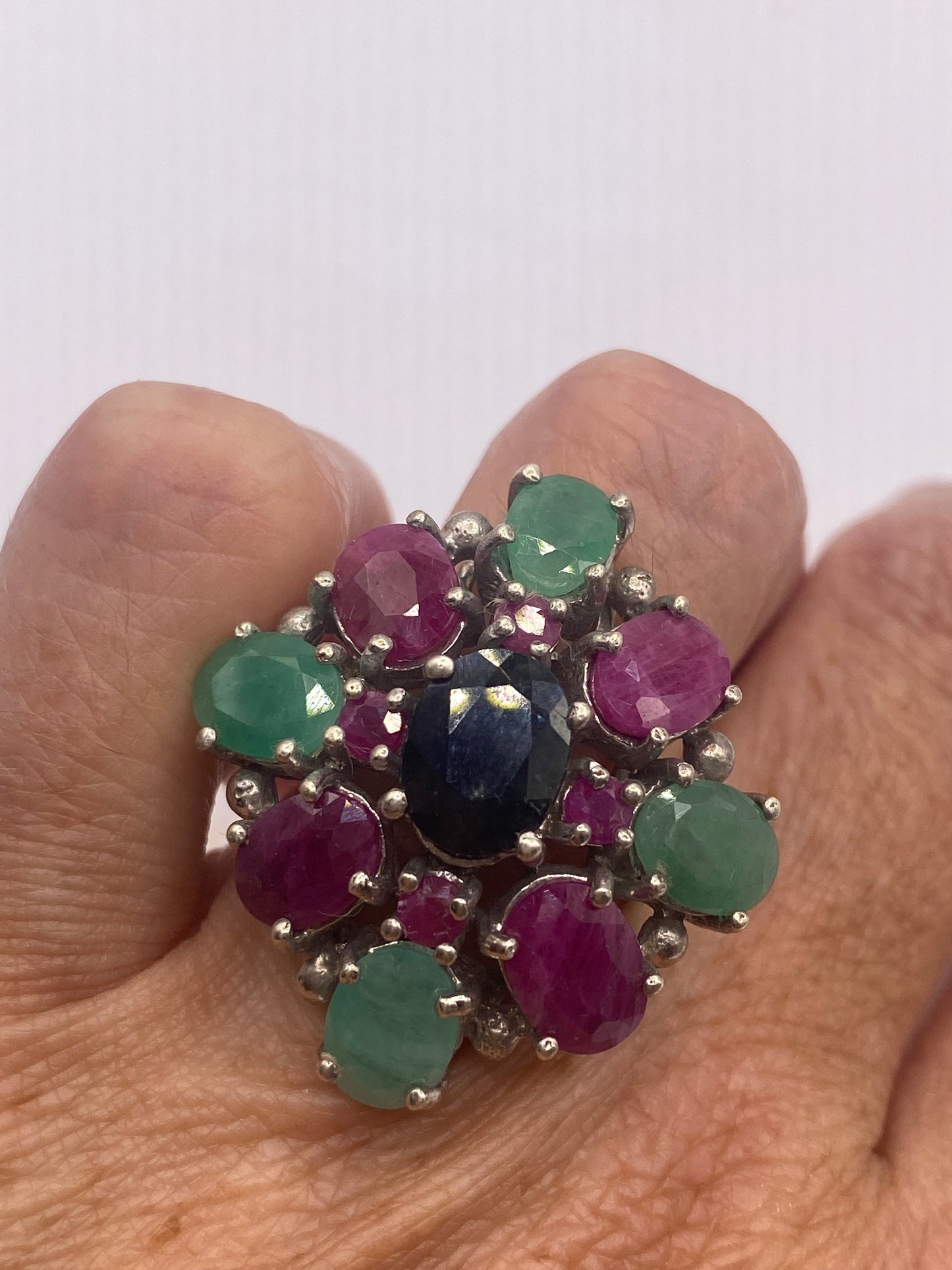 Vintage Green Emerald, Blue Sapphire and Ruby 925 Sterling Silver Ring Size 5.5