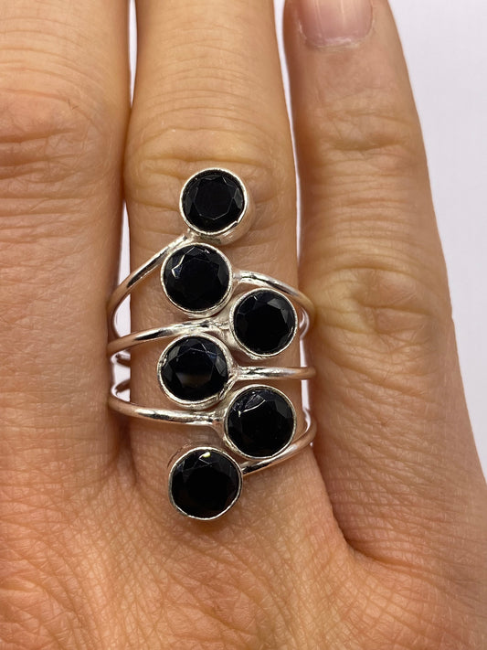 Vintage Genuine Black Onyx Silver Ring Adjustable