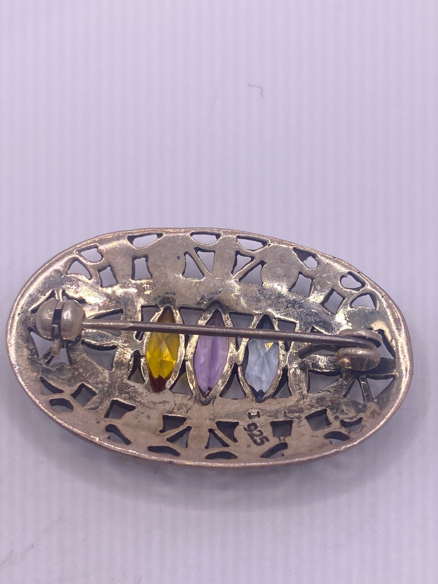 Vintage Mixed Gemstone Pin Marcasite 925 Sterling Silver Brooch
