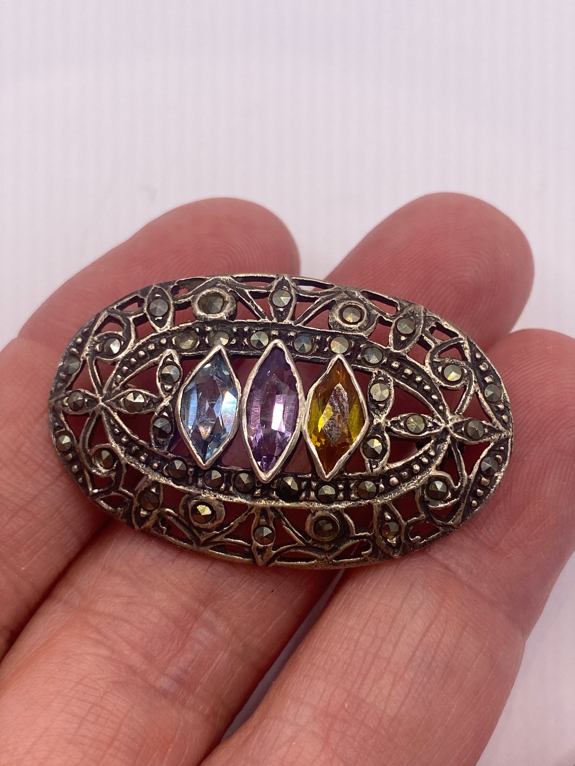 Vintage Mixed Gemstone Pin Marcasite 925 Sterling Silver Brooch