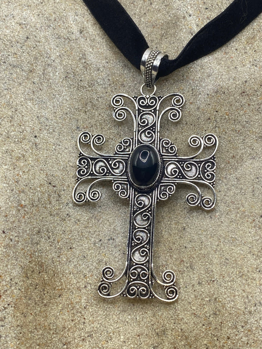 Vintage Black Onyx Cross Choker Necklace