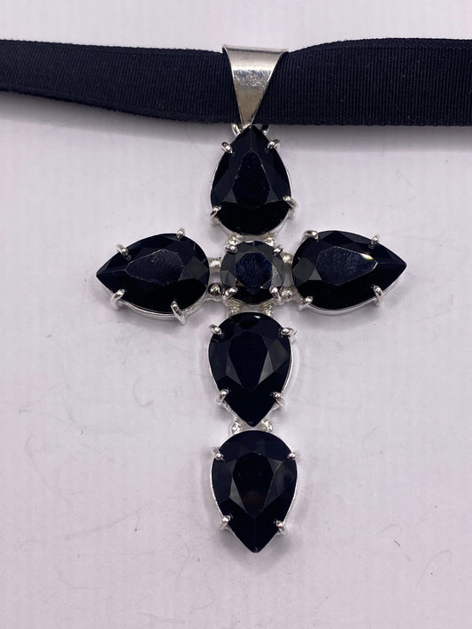 Vintage Black Onyx Cross Choker Necklace