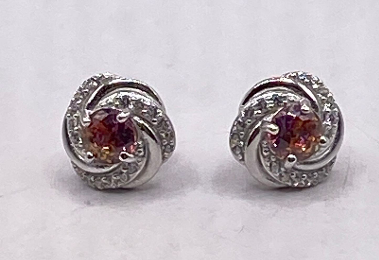 Vintage Mystic Pink Topaz Tiny Diamond 925 Sterling Silver Stud Earrings