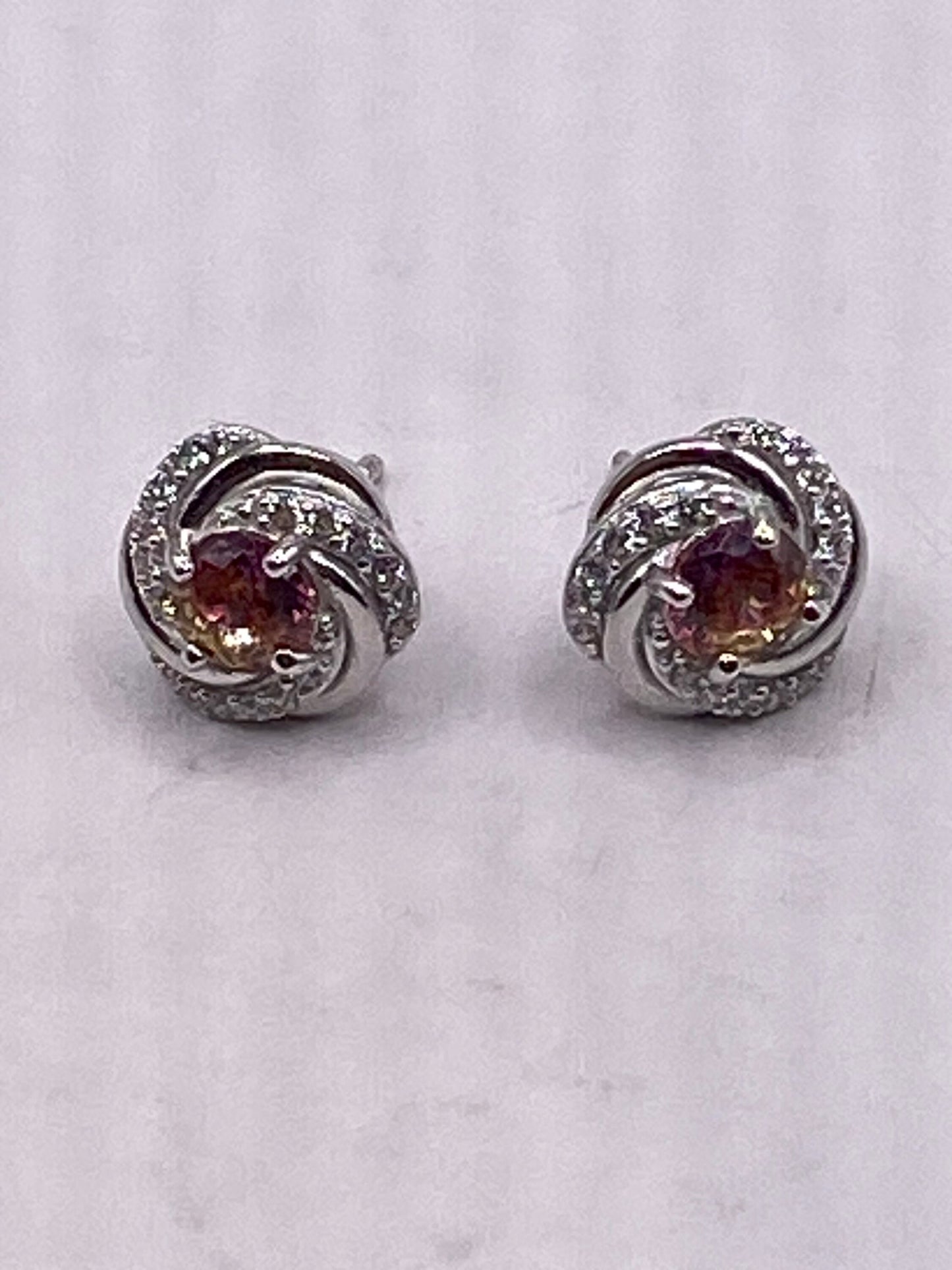 Vintage Mystic Pink Topaz Tiny Diamond 925 Sterling Silver Stud Earrings