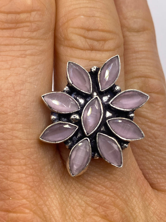 Vintage 1970's Genuine Rose Quartz Silver Statement Ring