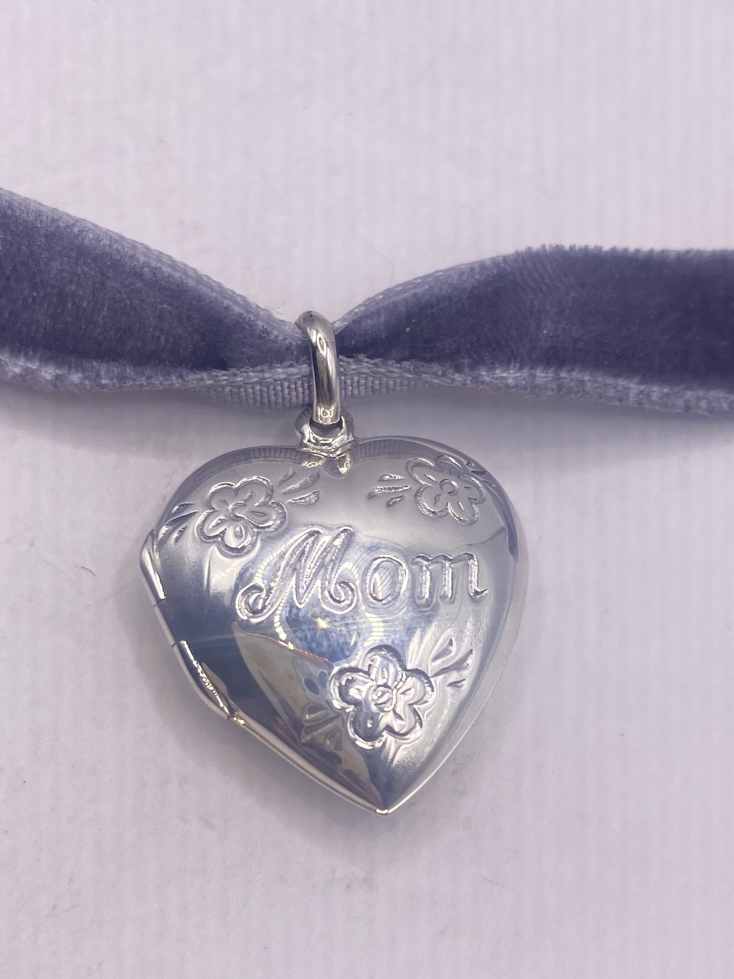 Vintage Silver Locket |Tiny Heart Pendant Photo Memory Charm Engraved Mom Flowers | 925 Sterling Silver Choker Necklace