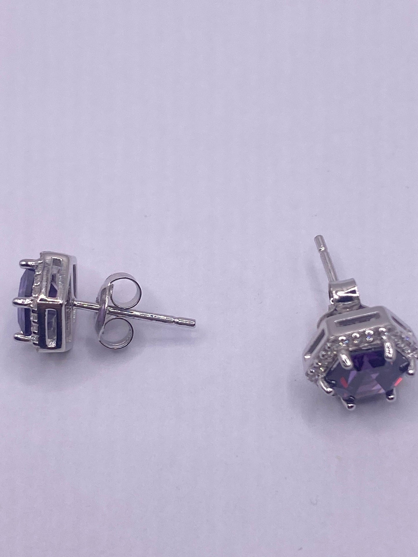 Vintage Amethyst Earrings 925 Sterling Silver Purple Stud Button