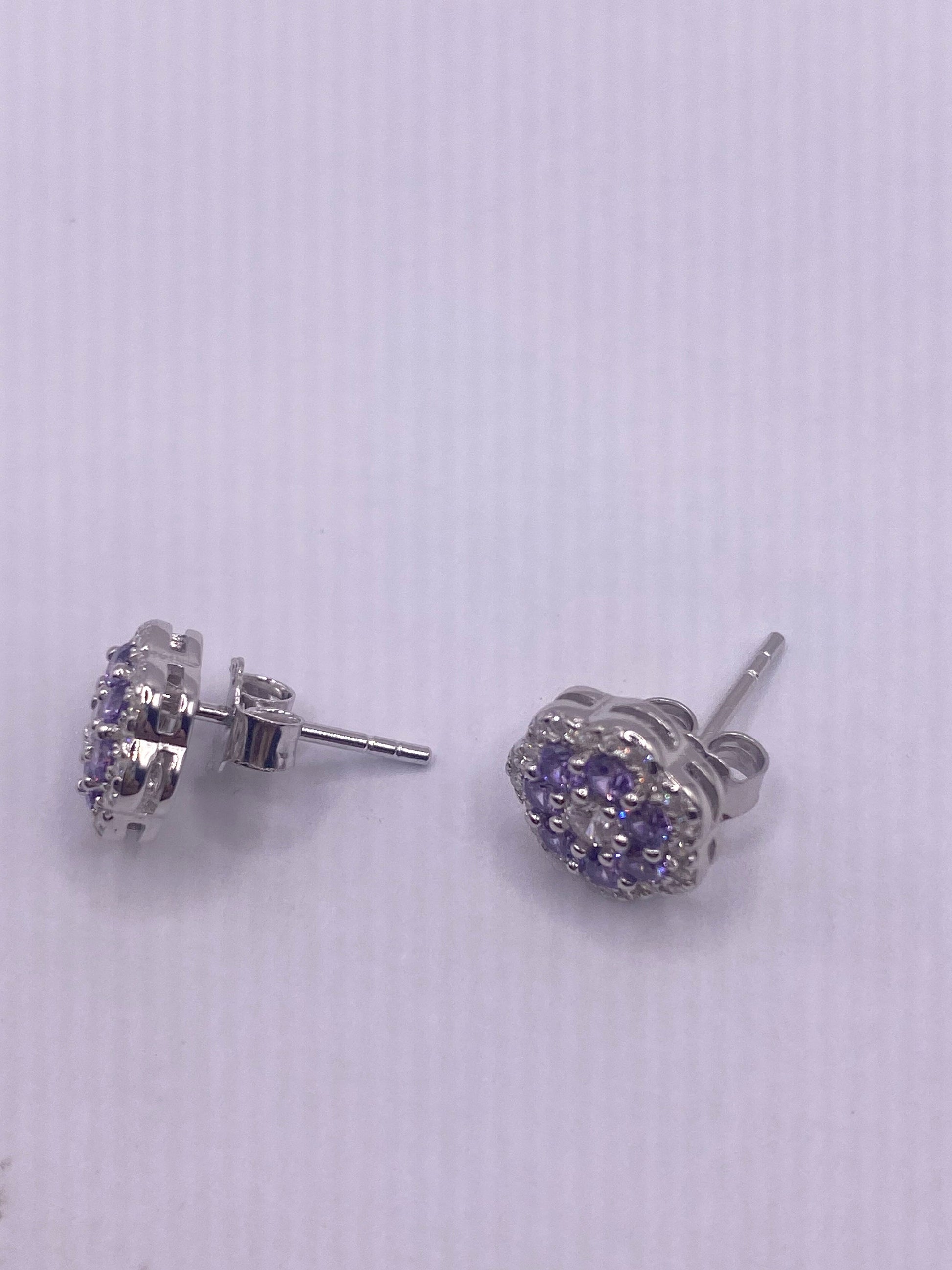 Vintage Amethyst Earrings 925 Sterling Silver Purple Stud Button