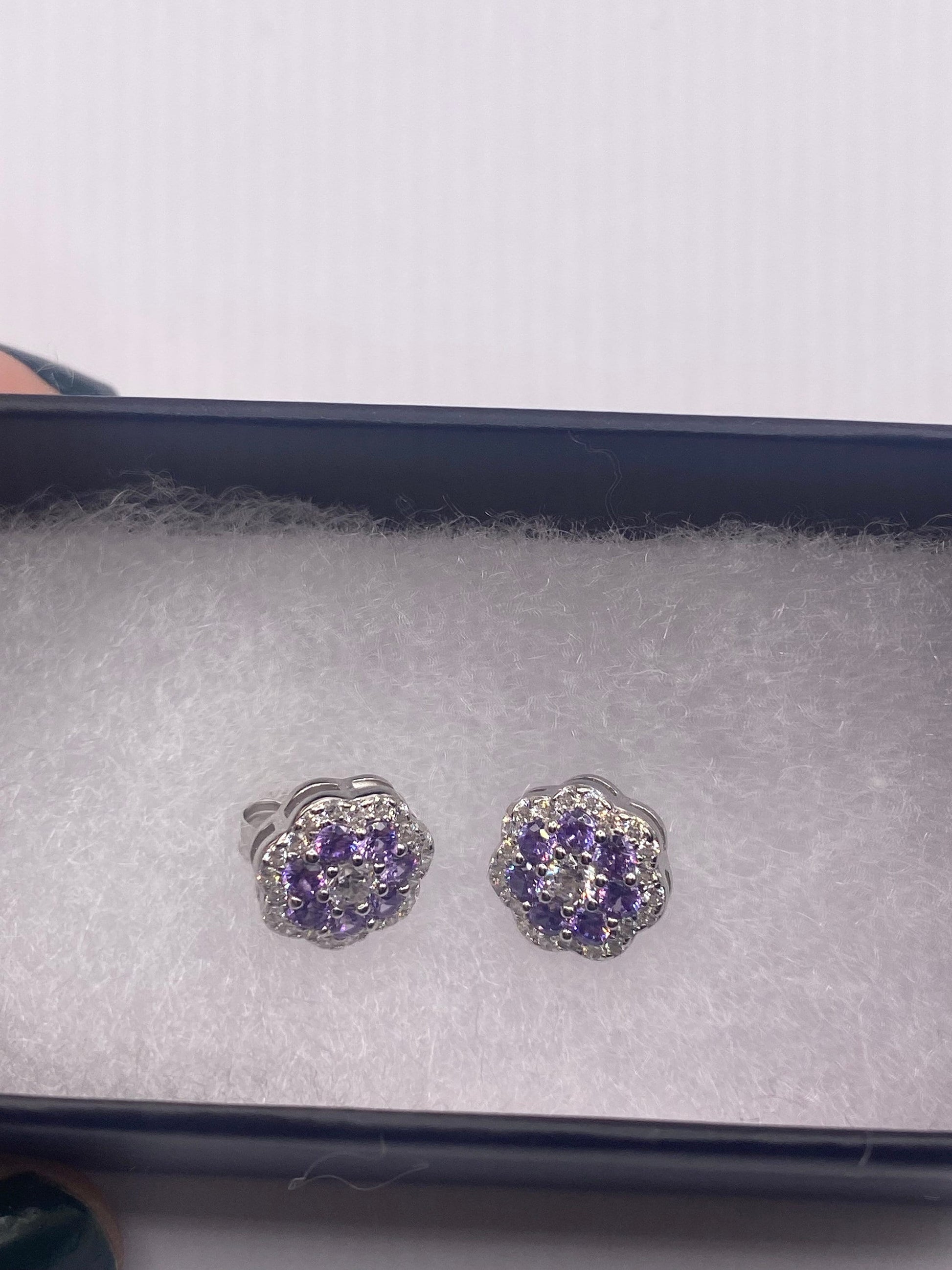 Vintage Amethyst Earrings 925 Sterling Silver Purple Stud Button