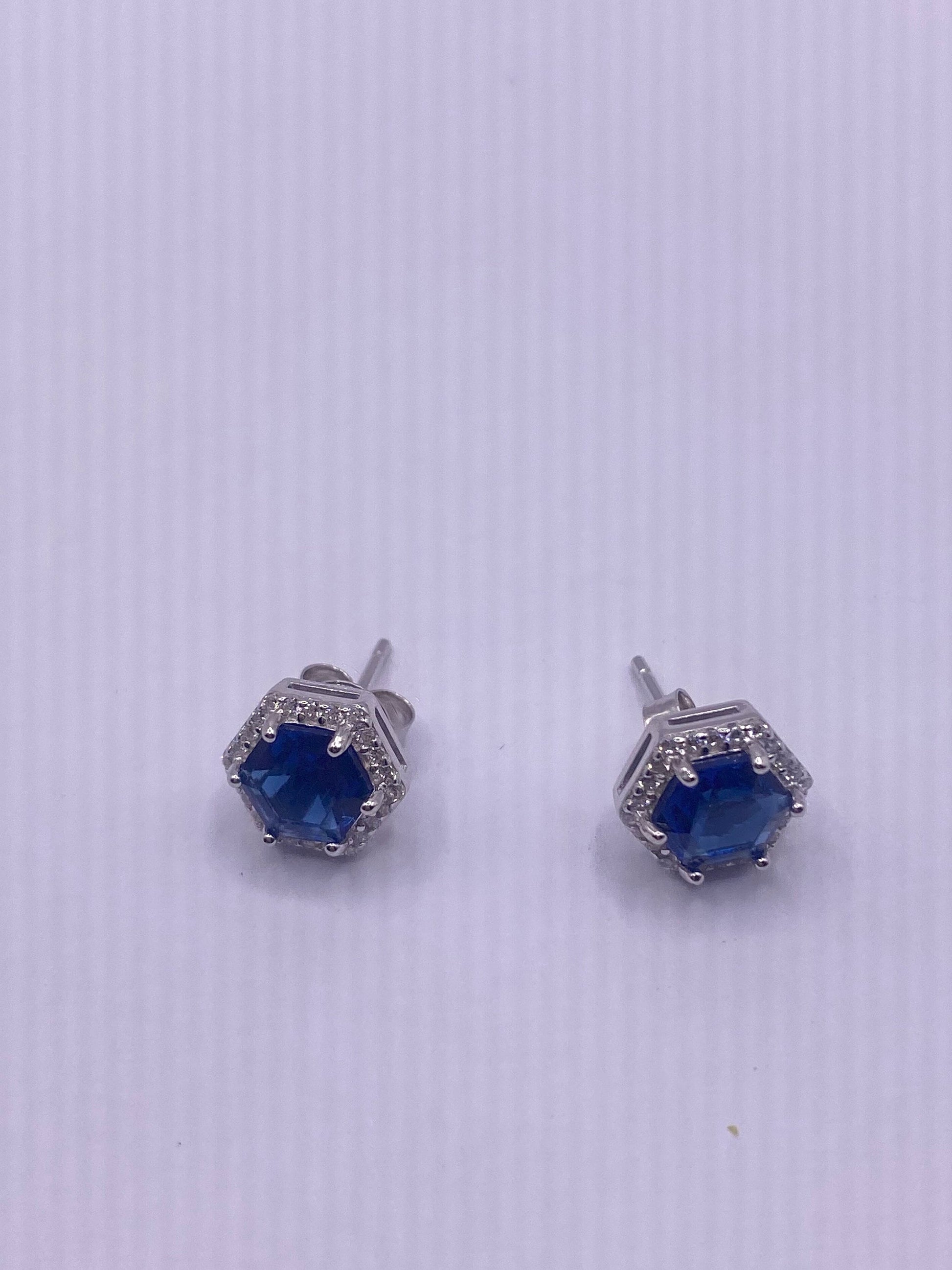 Vintage Blue Iolite Earrings 925 Sterling Silver Stud Button