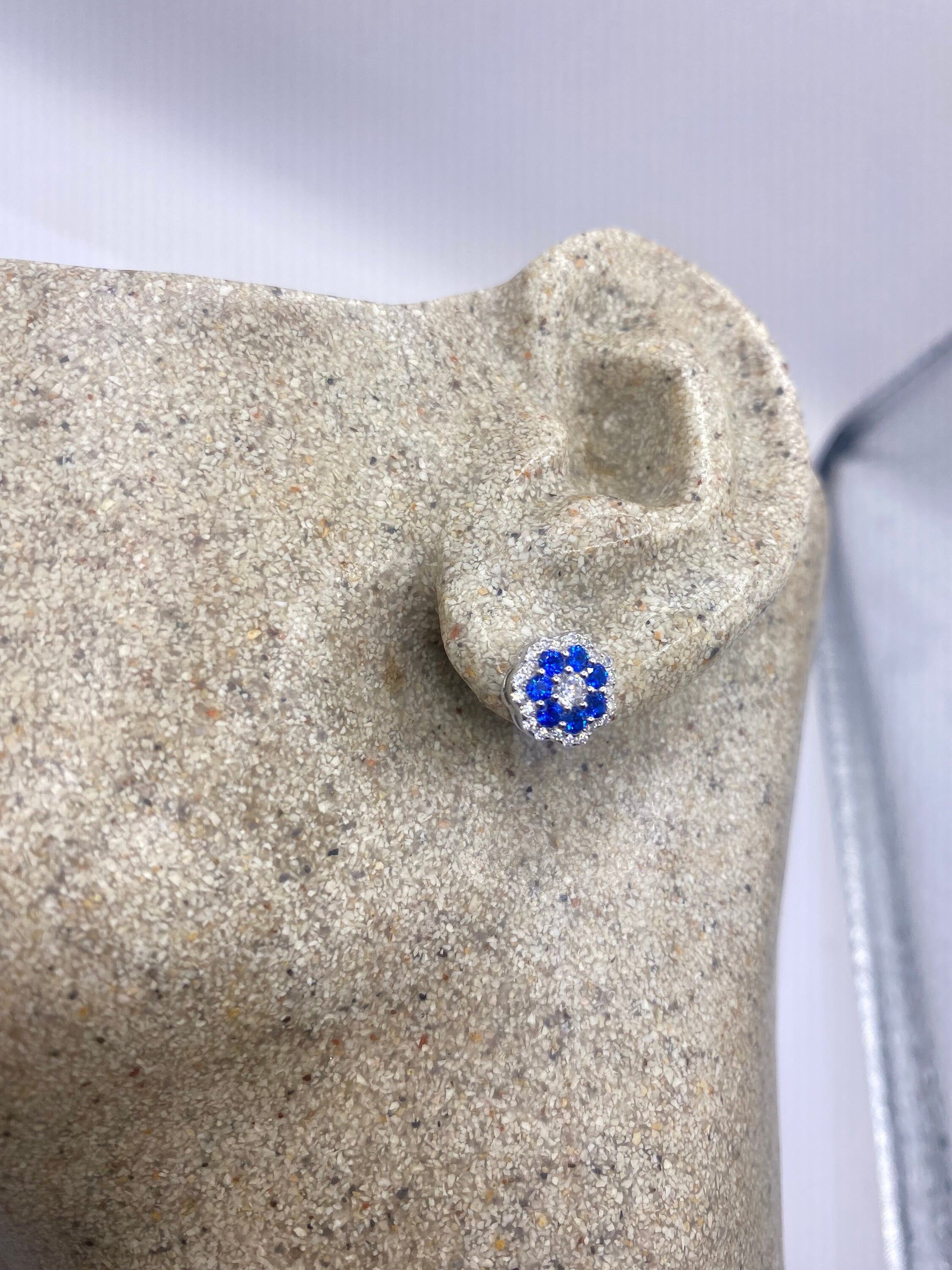 Vintage Blue Iolite Earrings 925 Sterling Silver Stud Button