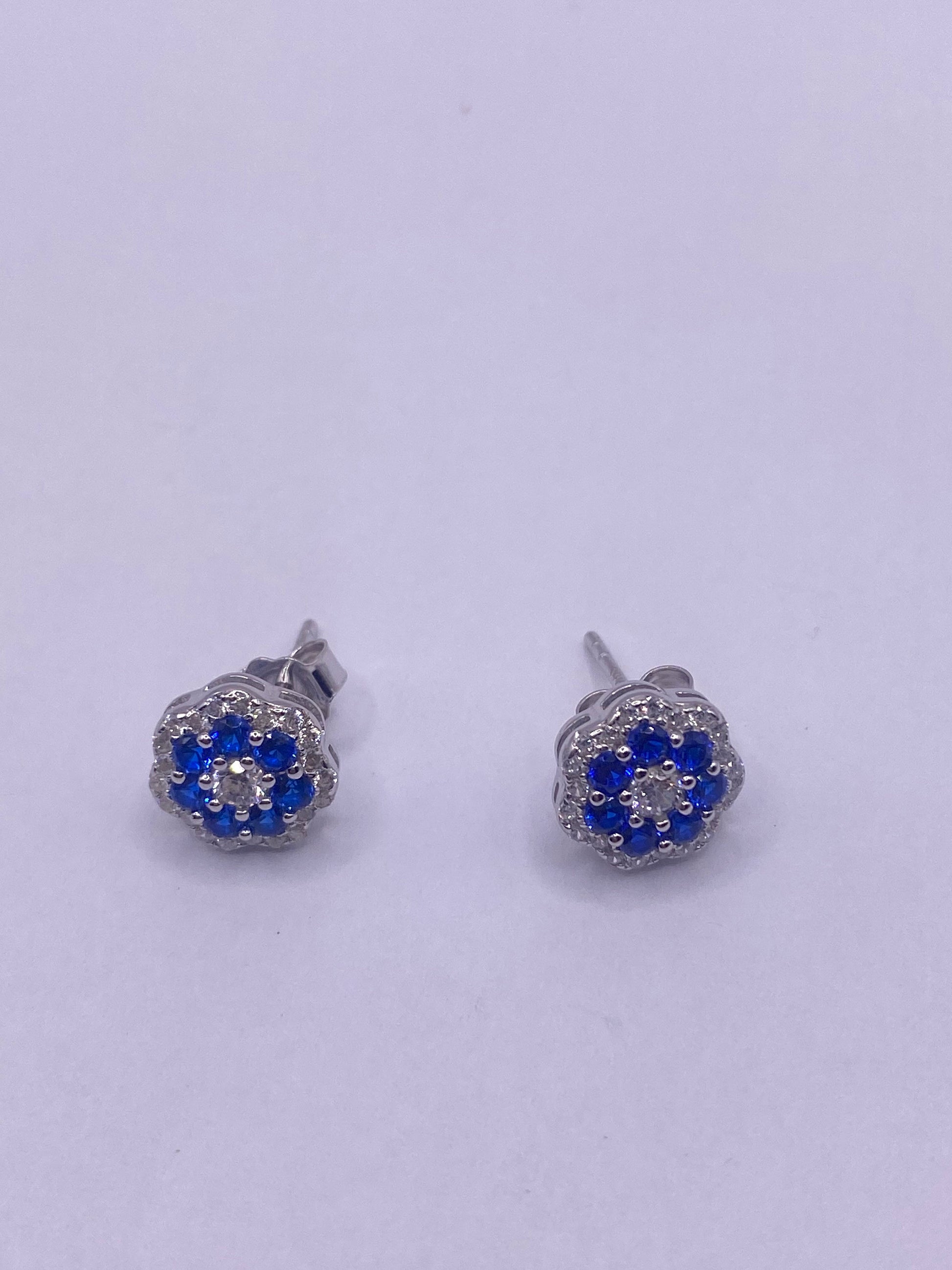 Vintage Blue Iolite Earrings 925 Sterling Silver Stud Button