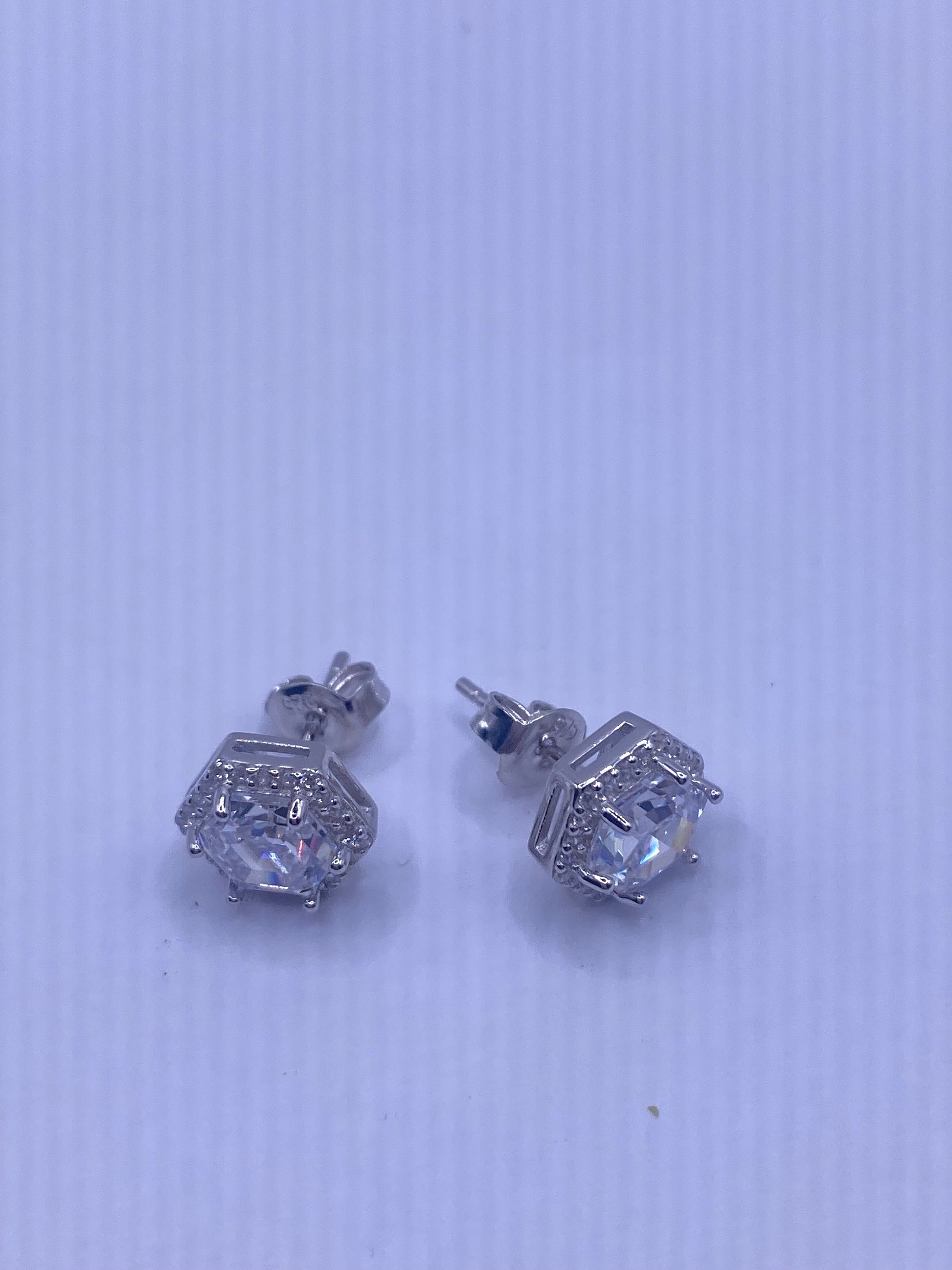 Vintage Cubic Zirconia Earrings 925 Sterling Silver Stud Button