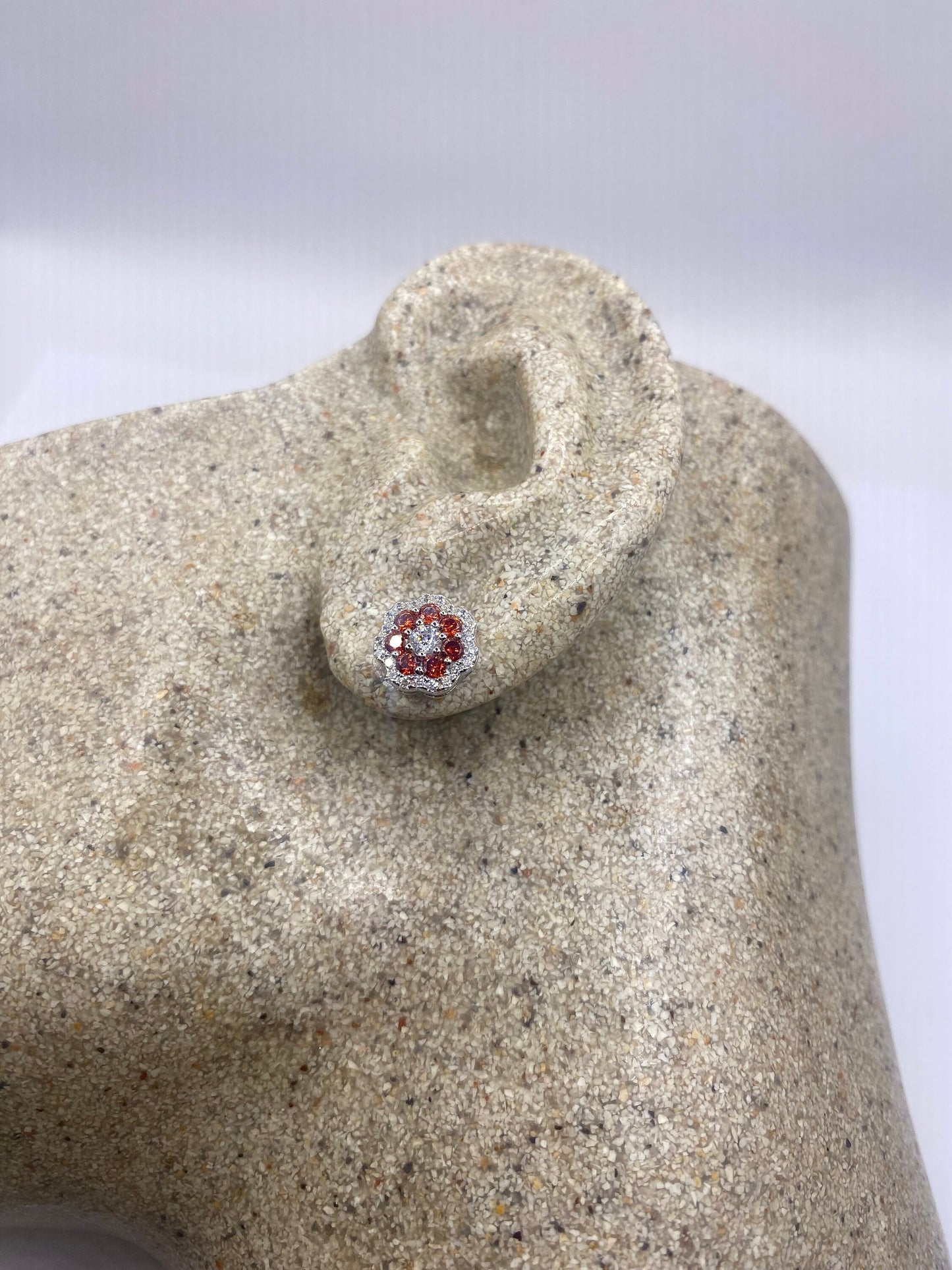 Vintage Cubic Zirconia Earrings 925 Sterling Silver Stud Button