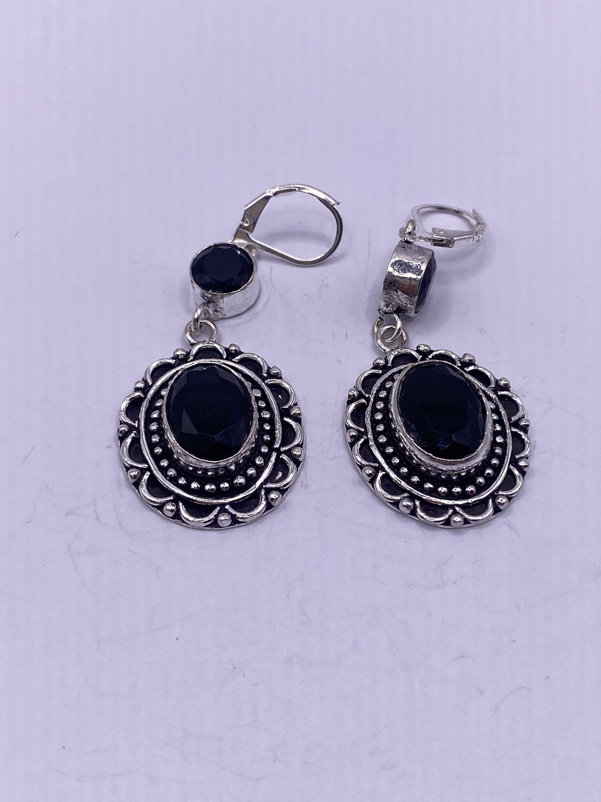 Antique Vintage Black Onyx 925 Silver Dangle LeverBack Earrings