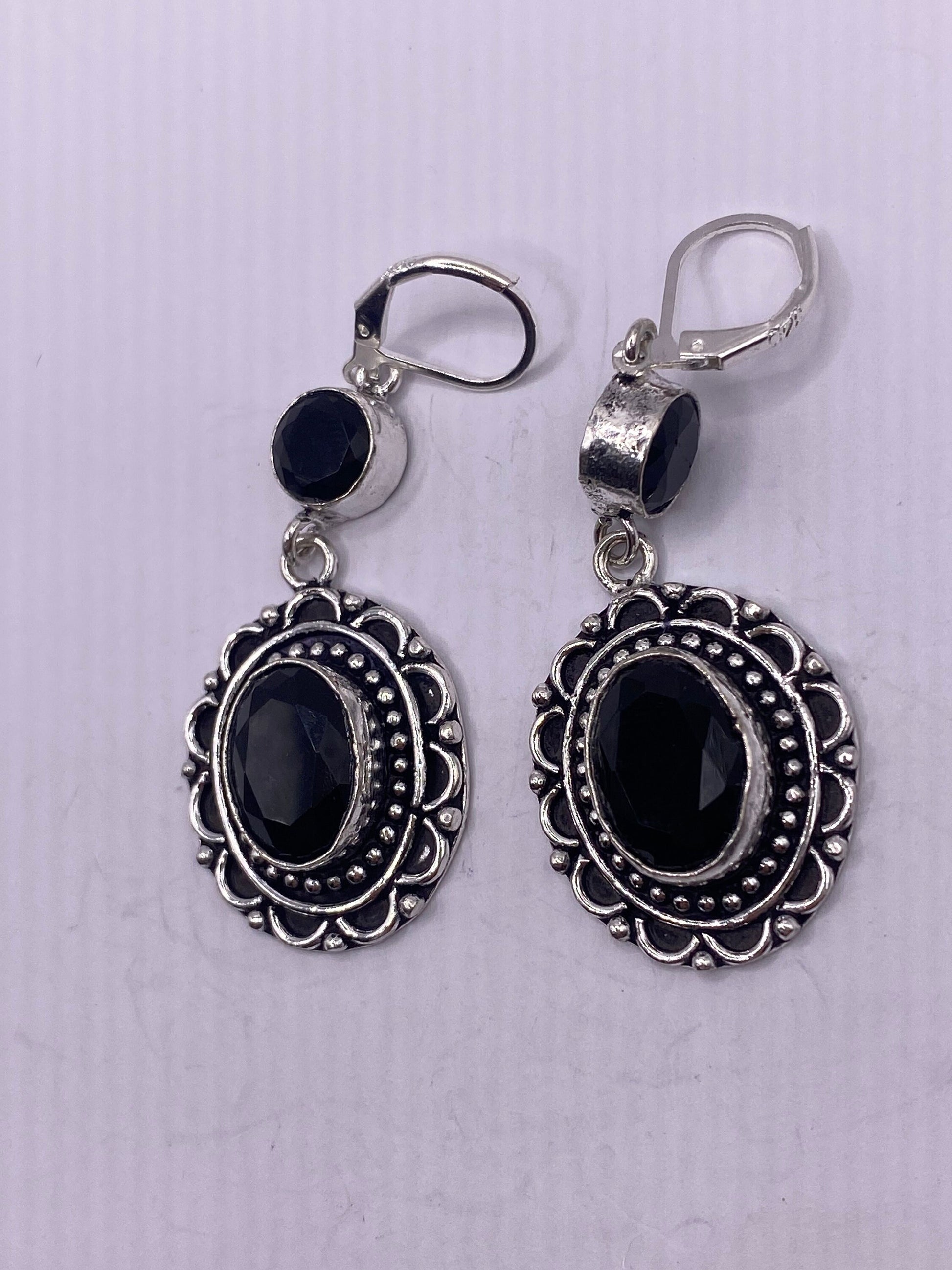 Antique Vintage Black Onyx 925 Silver Dangle LeverBack Earrings