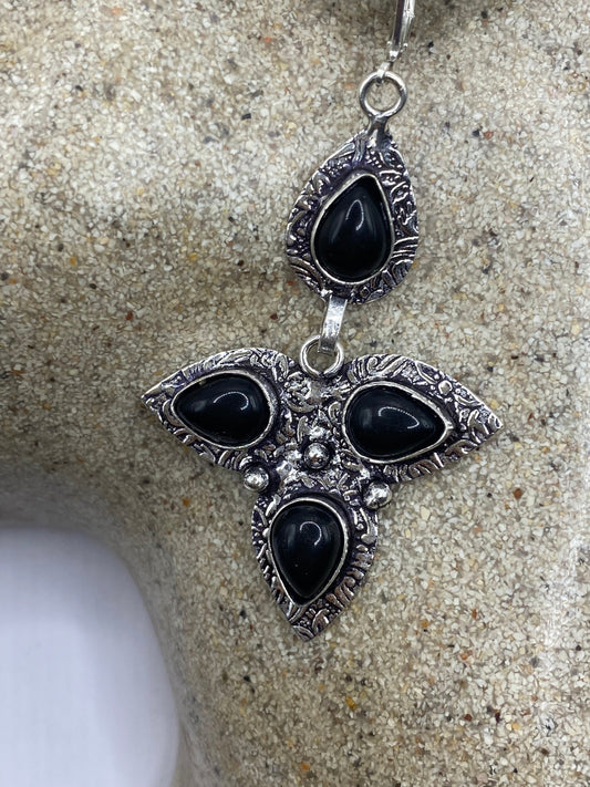 Antique Vintage Black Onyx Silver Dangle Earrings