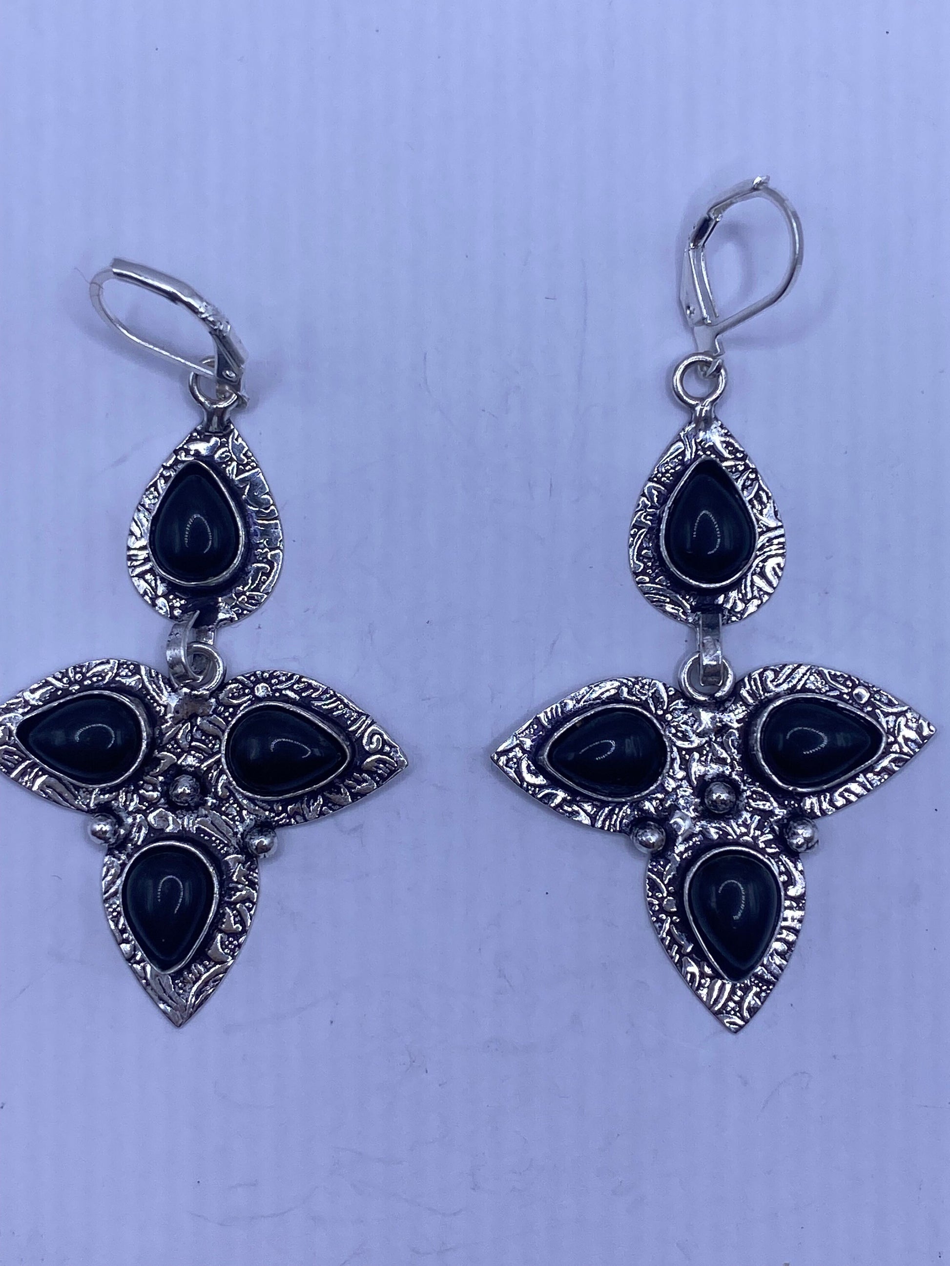 Antique Vintage Black Onyx Silver Dangle Earrings