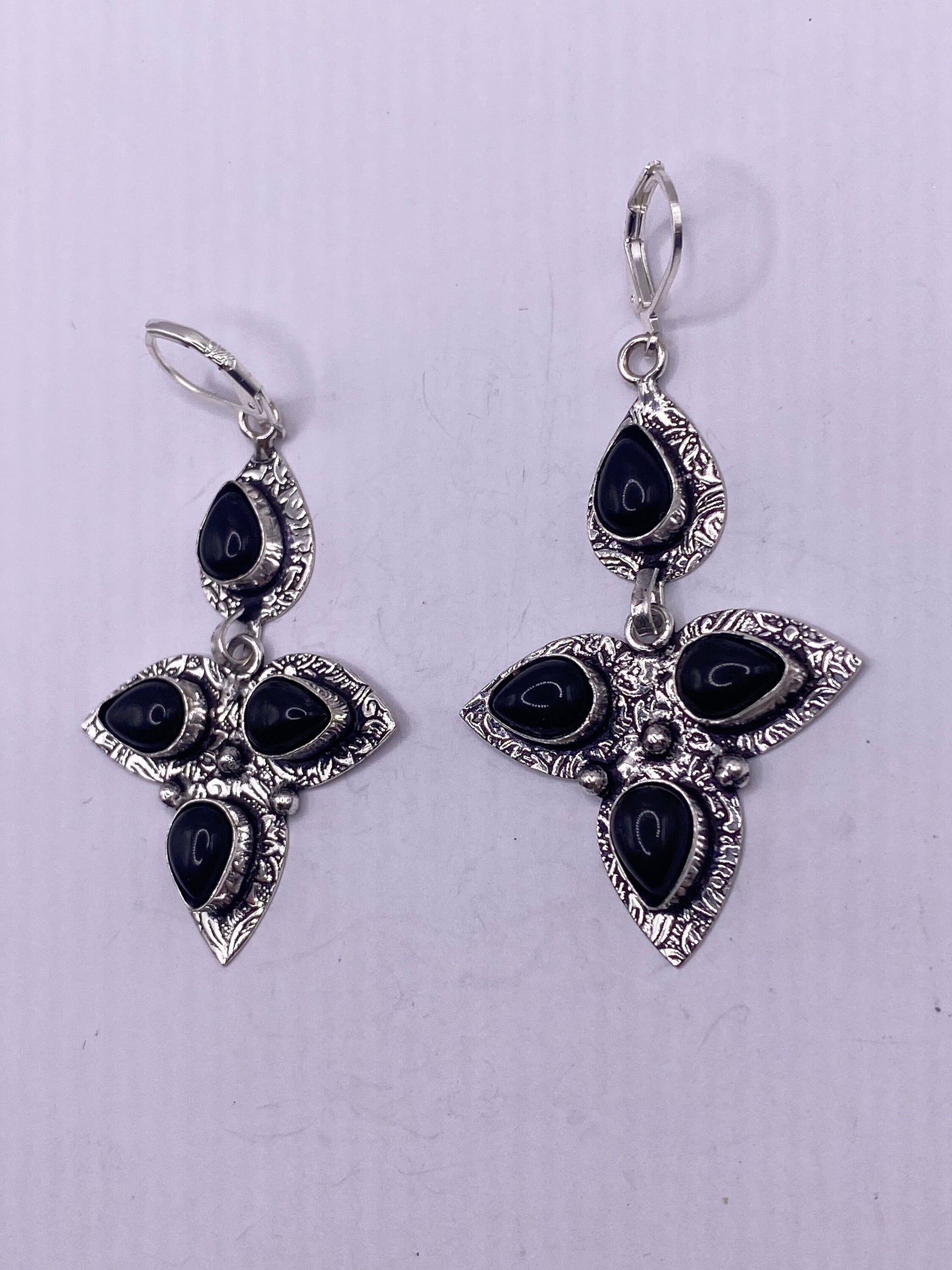 Antique Vintage Black Onyx Silver Dangle Earrings