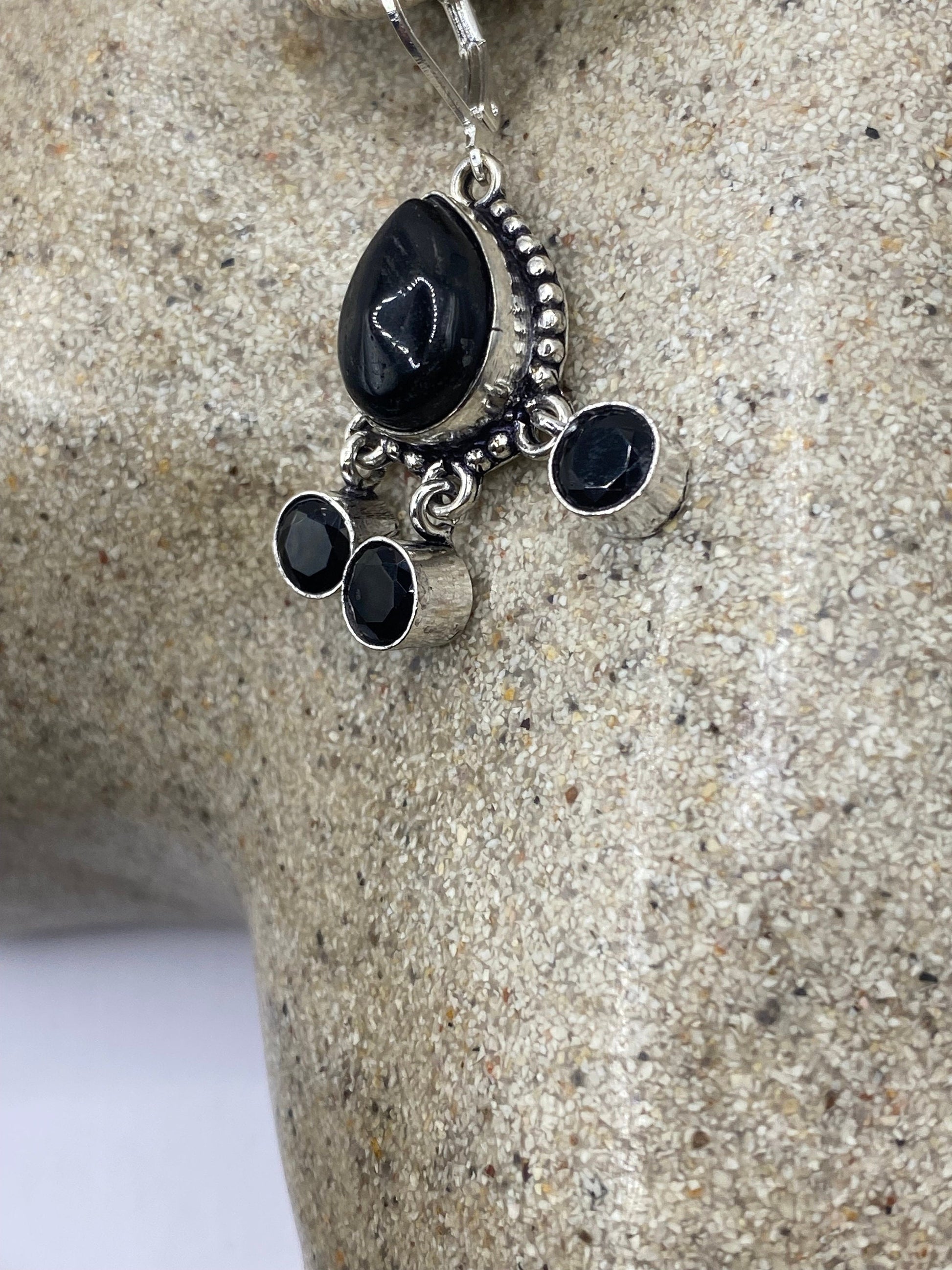 Antique Vintage Black Onyx 925 Silver Dangle LeverBack Earrings