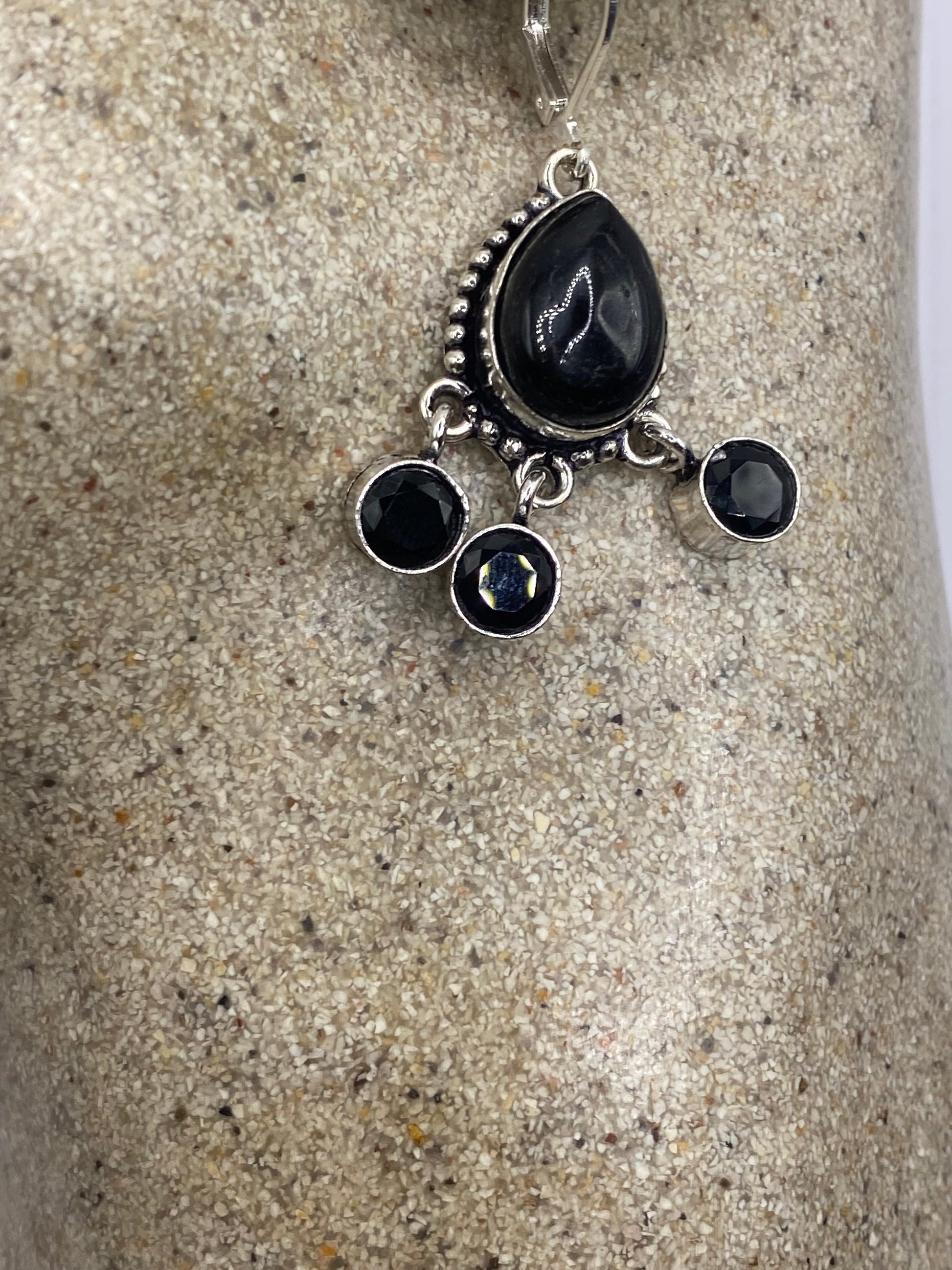 Antique Vintage Black Onyx 925 Silver Dangle LeverBack Earrings