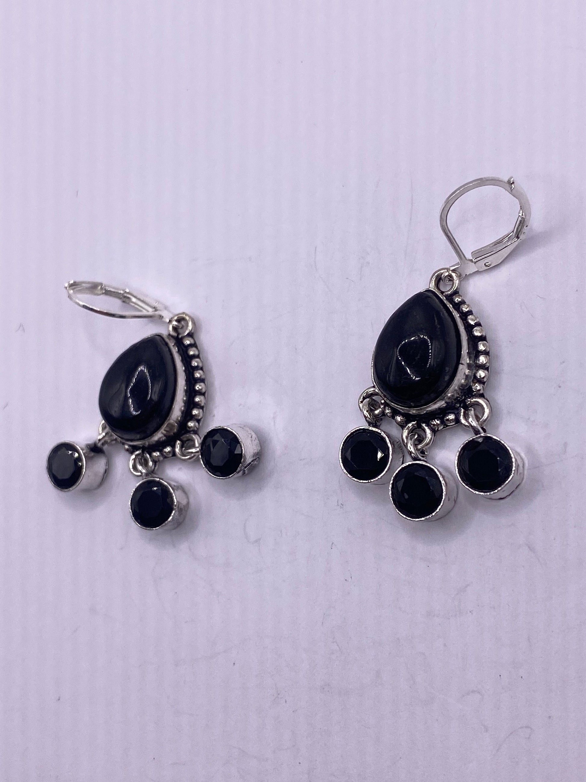 Antique Vintage Black Onyx 925 Silver Dangle LeverBack Earrings