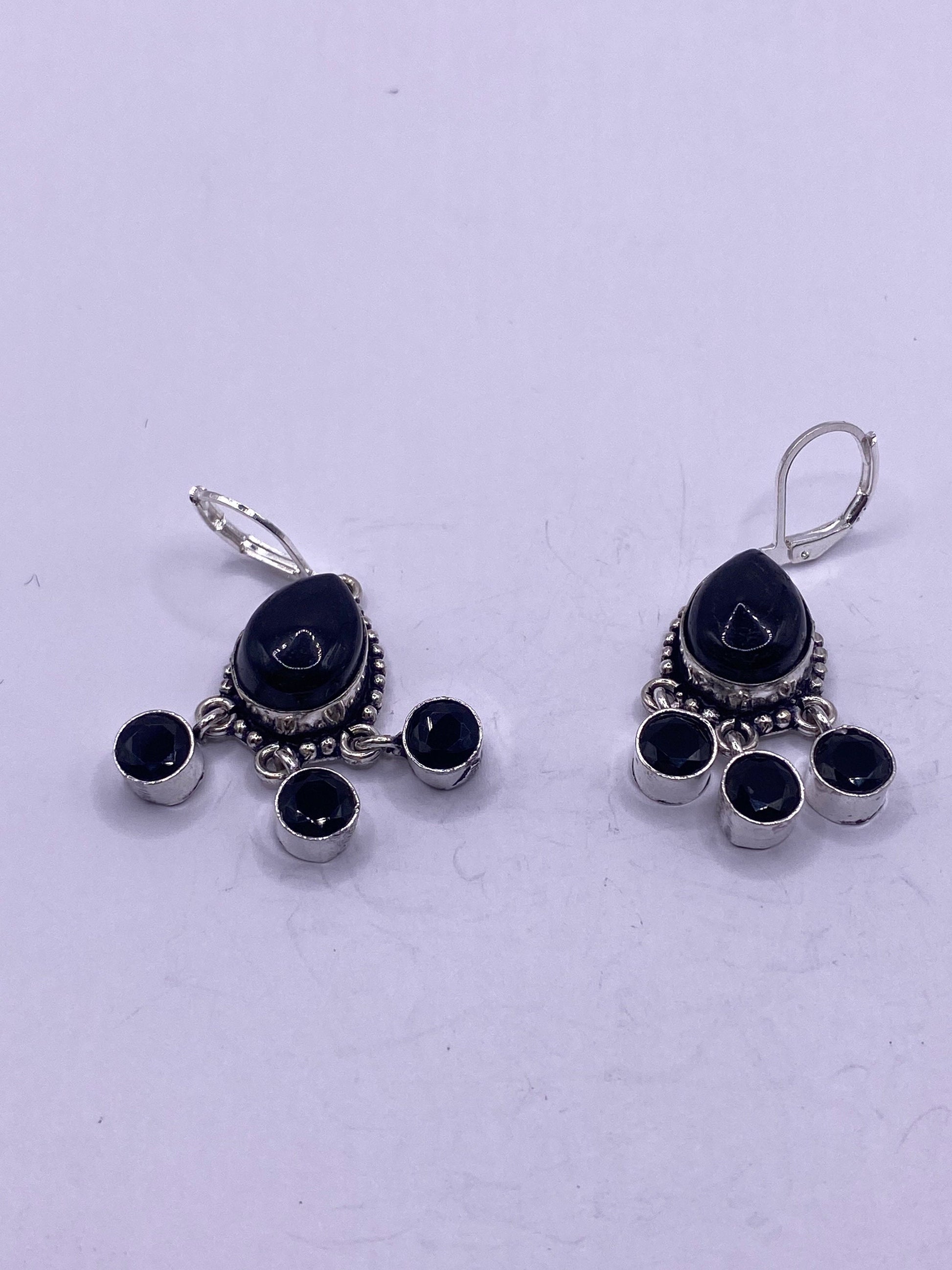 Antique Vintage Black Onyx 925 Silver Dangle LeverBack Earrings