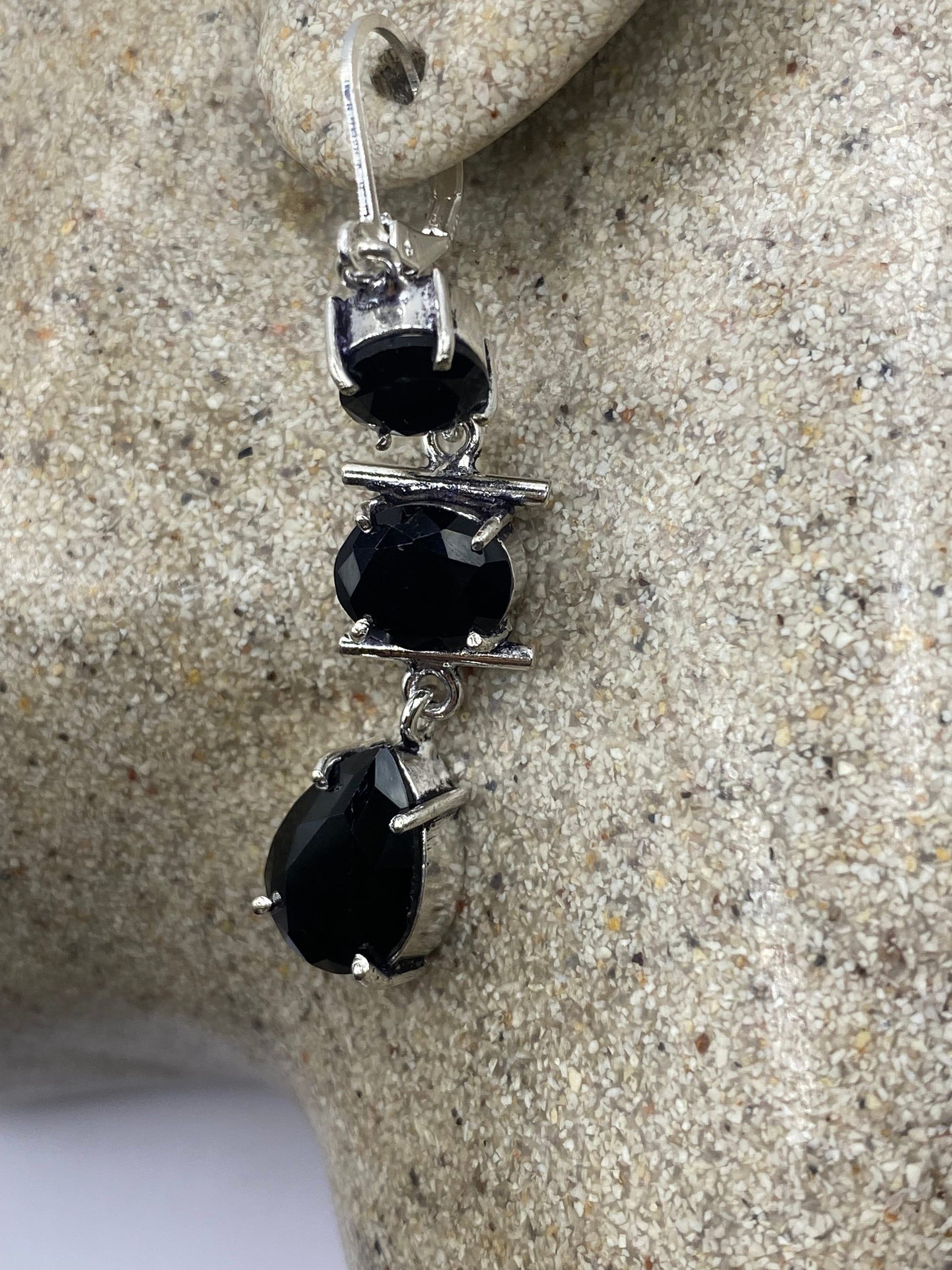 Antique Vintage Black Onyx 925 Silver Dangle LeverBack Earrings