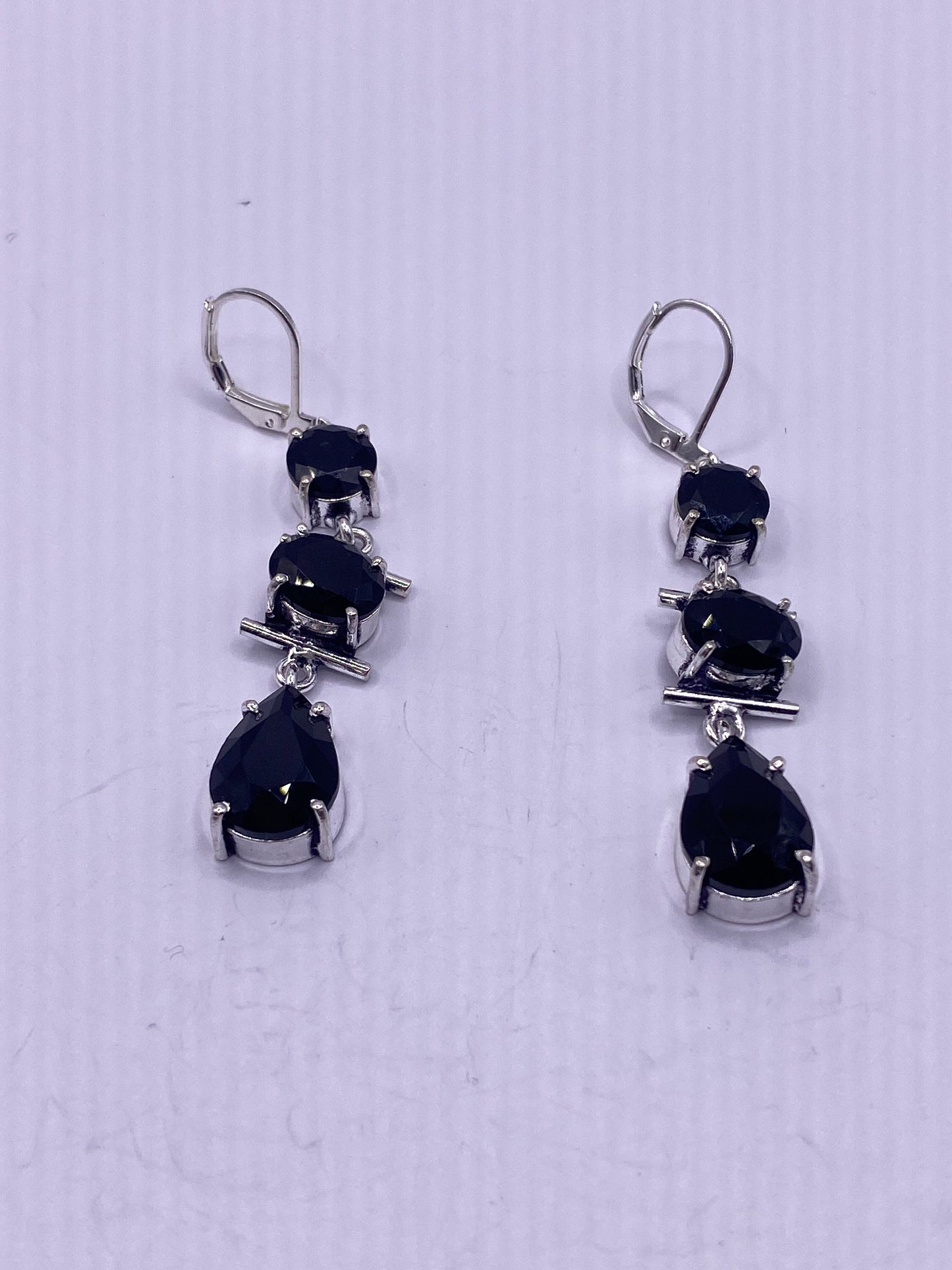 Antique Vintage Black Onyx 925 Silver Dangle LeverBack Earrings