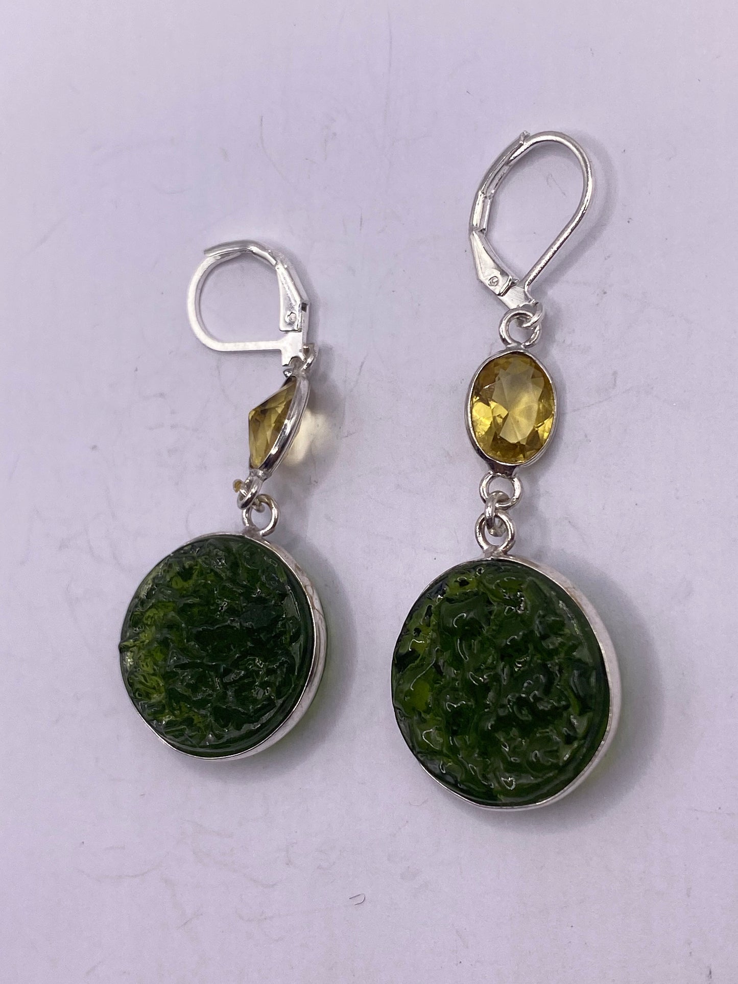 Antique Vintage Green Volcanic Glass Silver Dangle Earrings