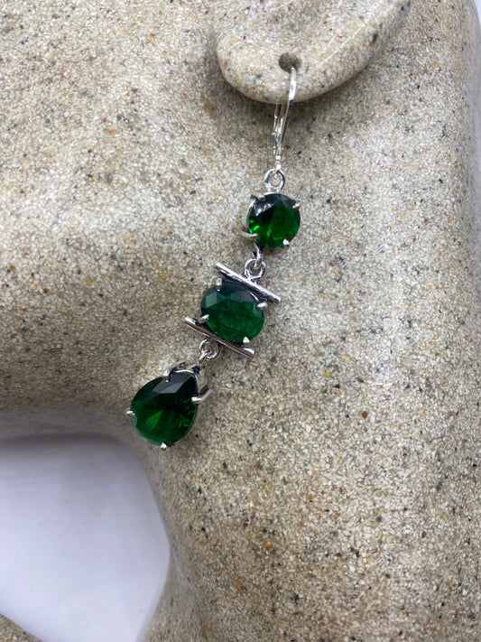 Antique Vintage Green Glass Silver Dangle Chandelier Earrings