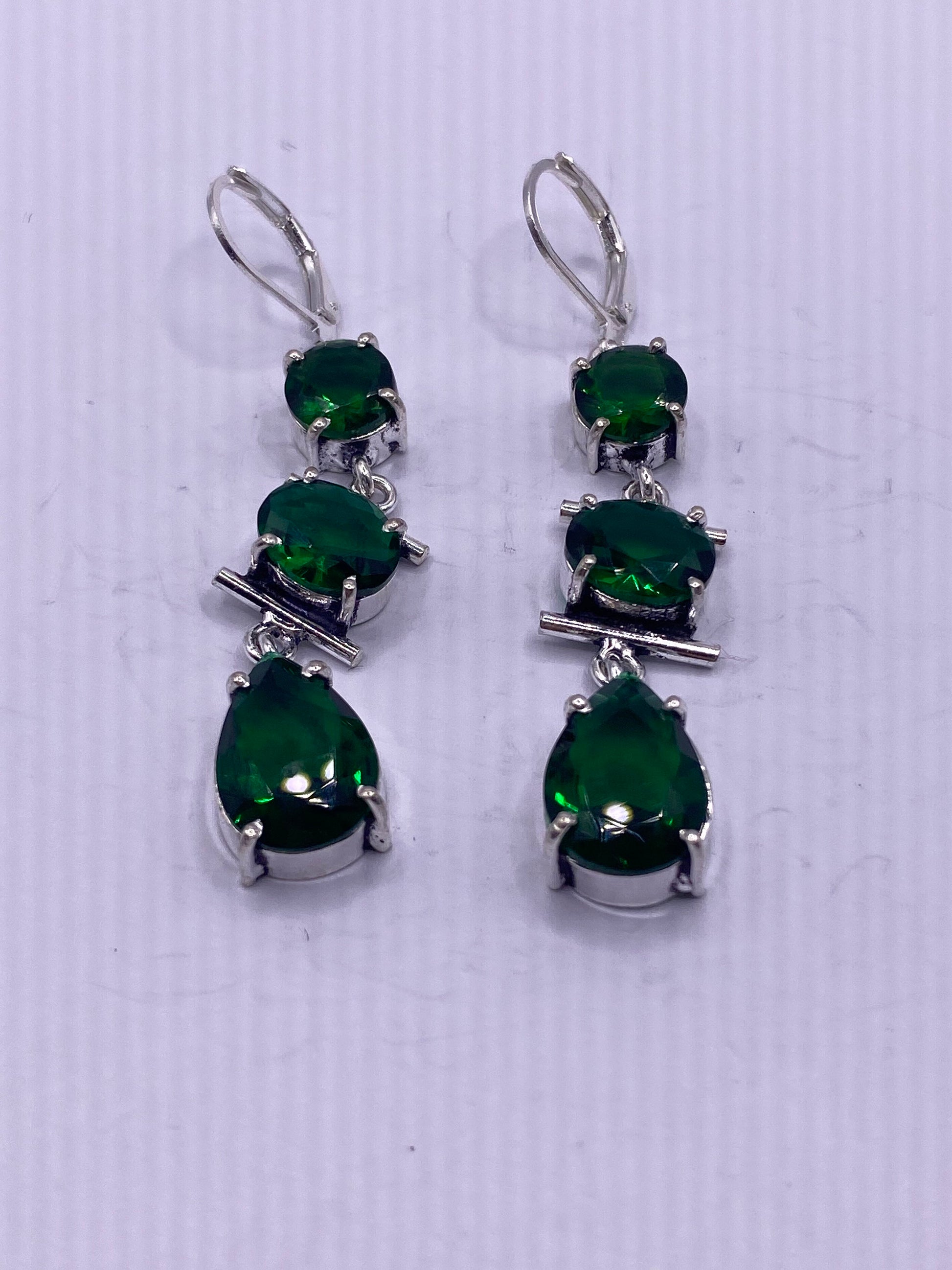 Antique Vintage Green Glass Silver Dangle Chandelier Earrings