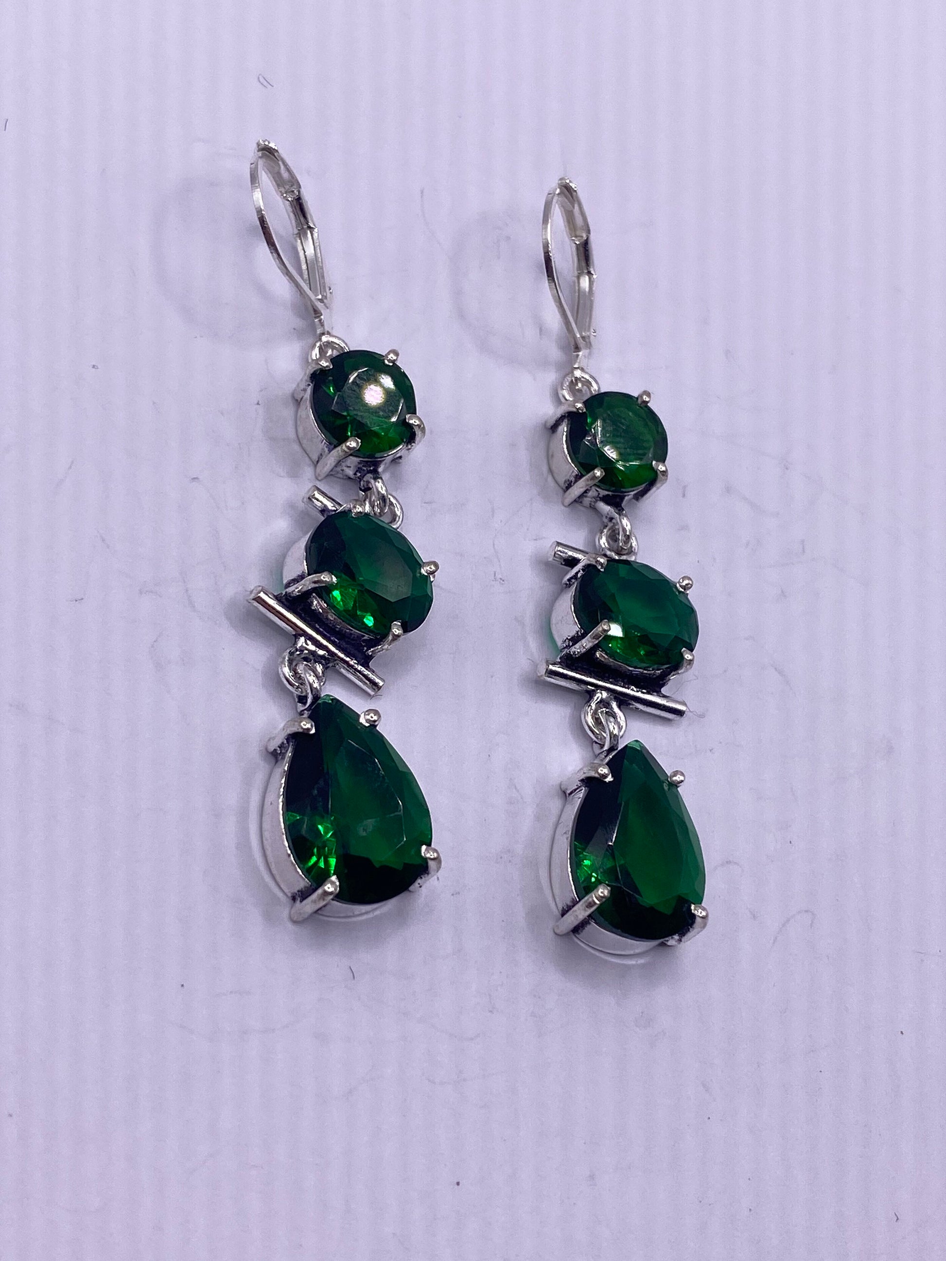 Antique Vintage Green Glass Silver Dangle Chandelier Earrings