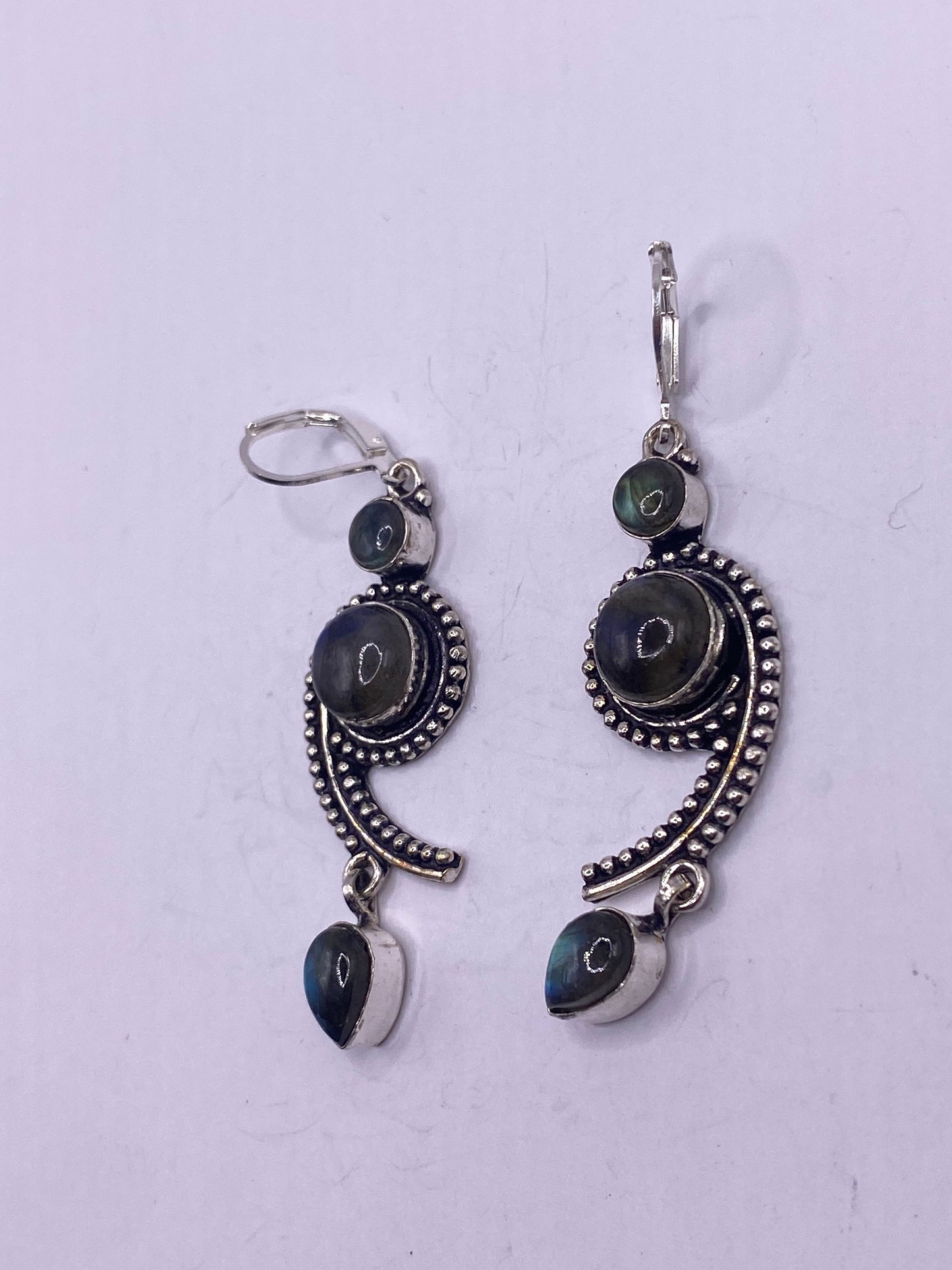 Antique Vintage Green Labradorite Silver Dangle Earrings