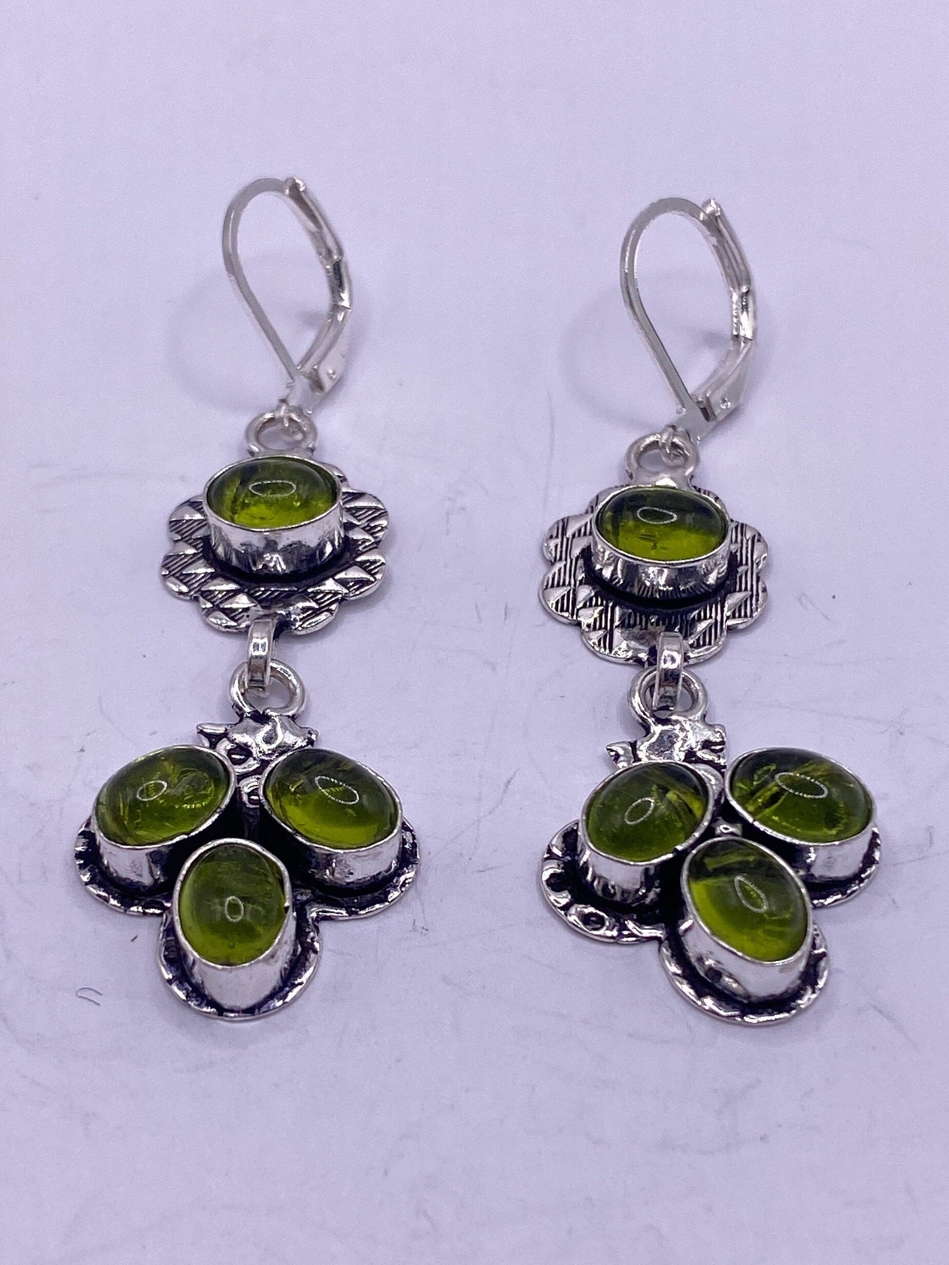 Antique Vintage Green Peridot Silver Dangle Earrings