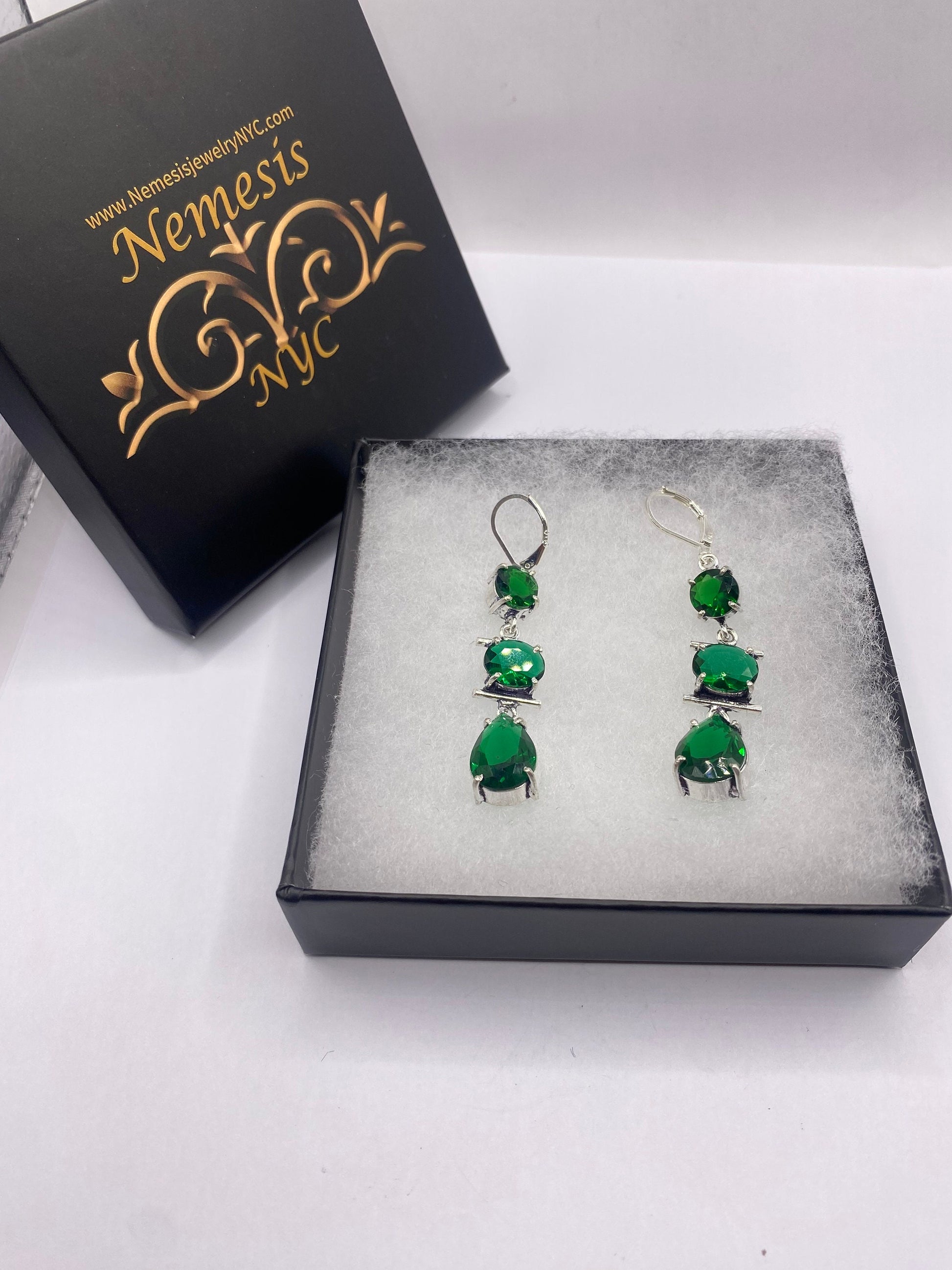 Antique Vintage Green Peridot Glass Silver Dangle Earrings