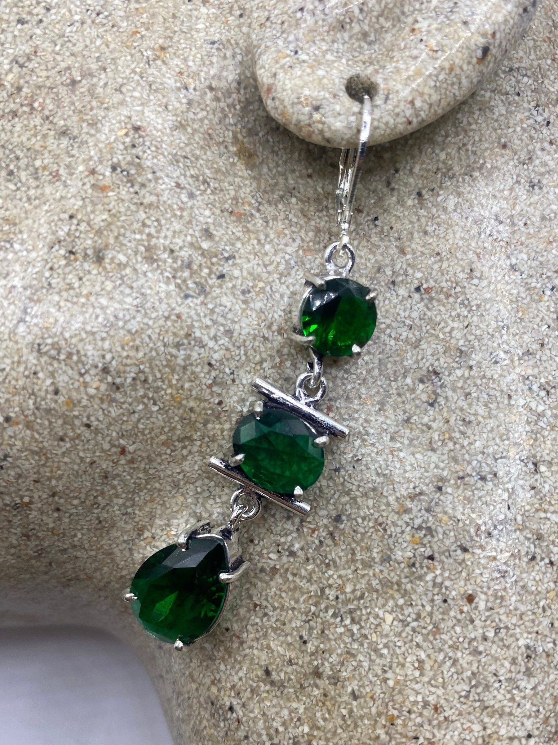 Antique Vintage Green Peridot Glass Silver Dangle Earrings