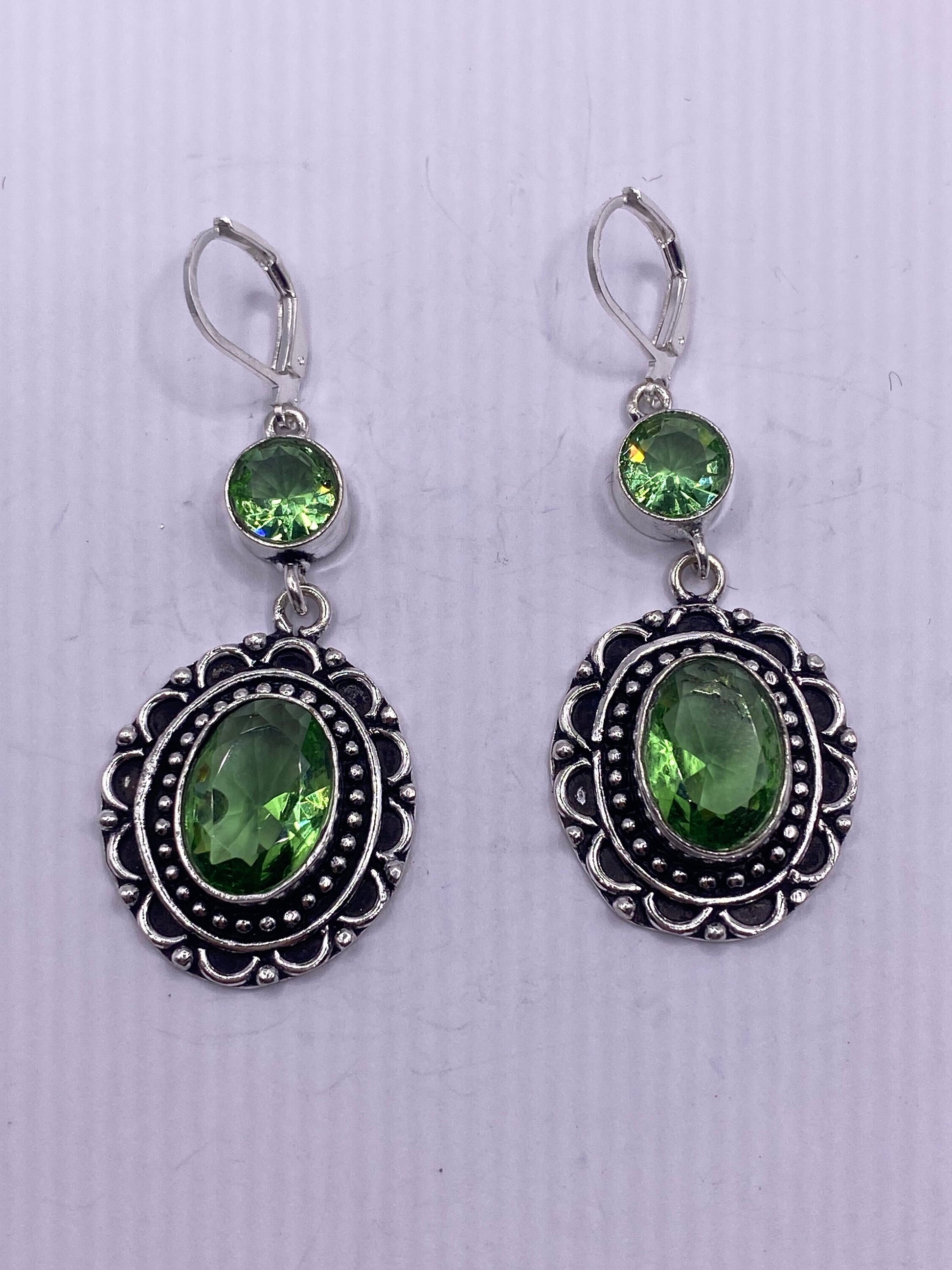 Antique Vintage Green Peridot Glass Silver Dangle Earrings