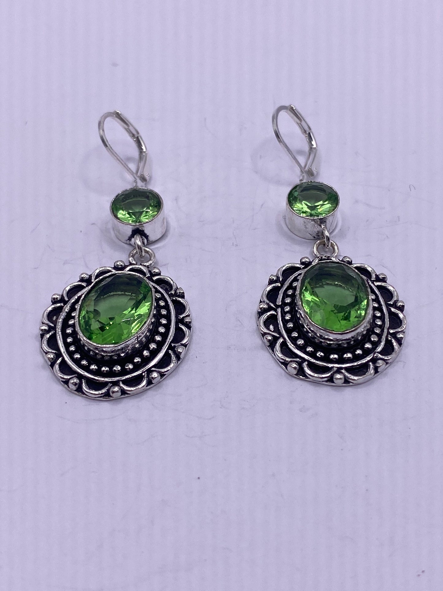 Antique Vintage Green Peridot Glass Silver Dangle Earrings