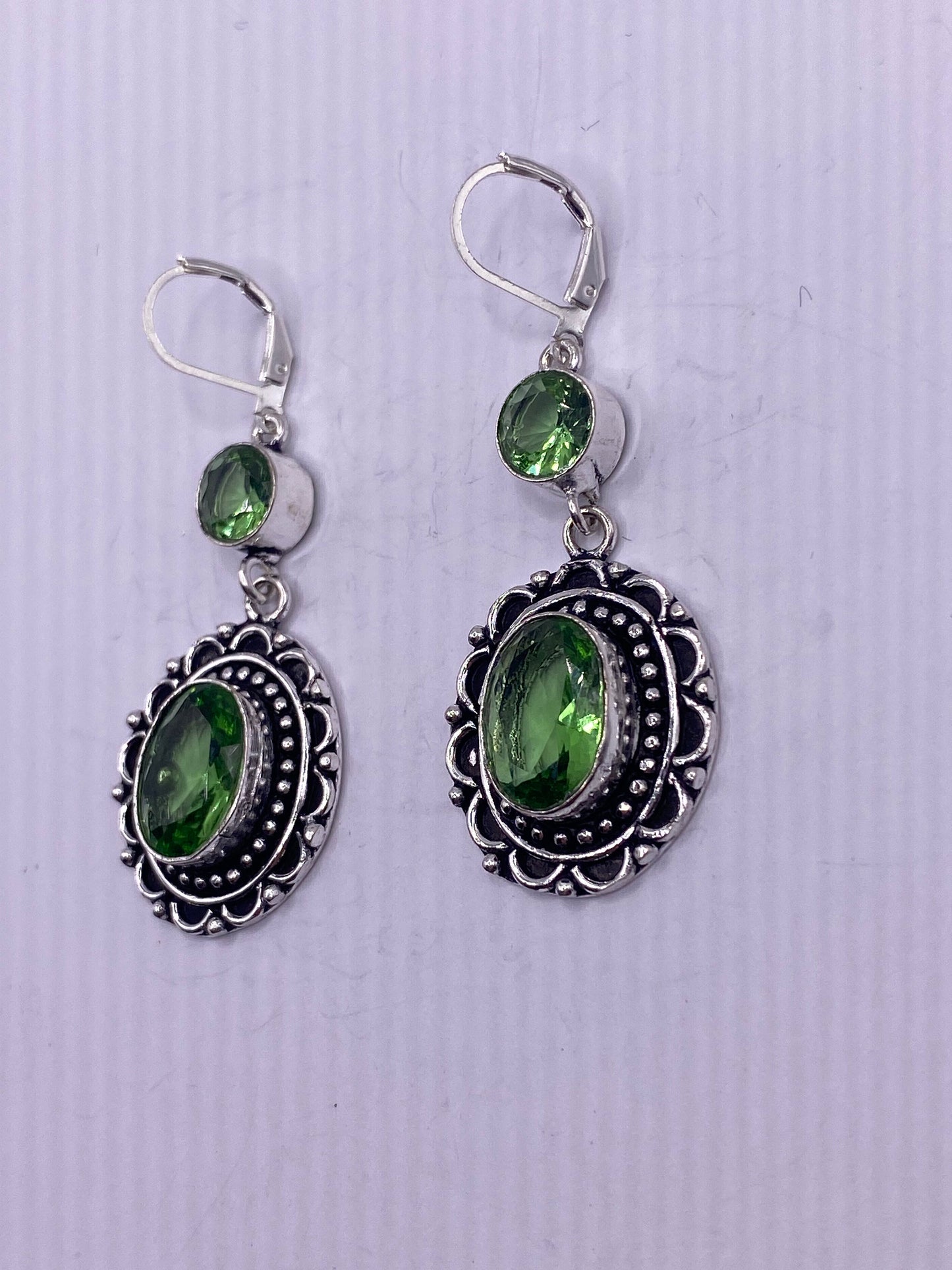 Antique Vintage Green Peridot Glass Silver Dangle Earrings