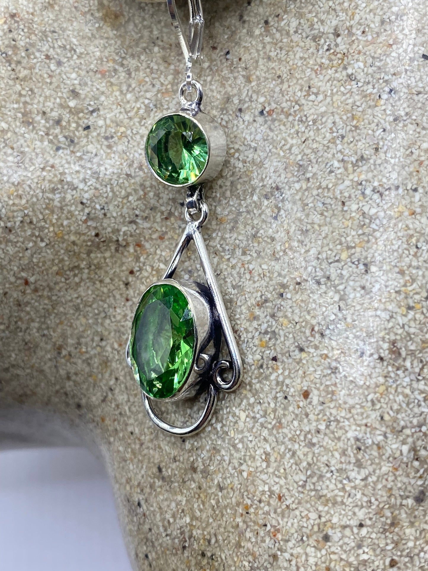 Antique Vintage Green Peridot Glass Silver Dangle Earrings