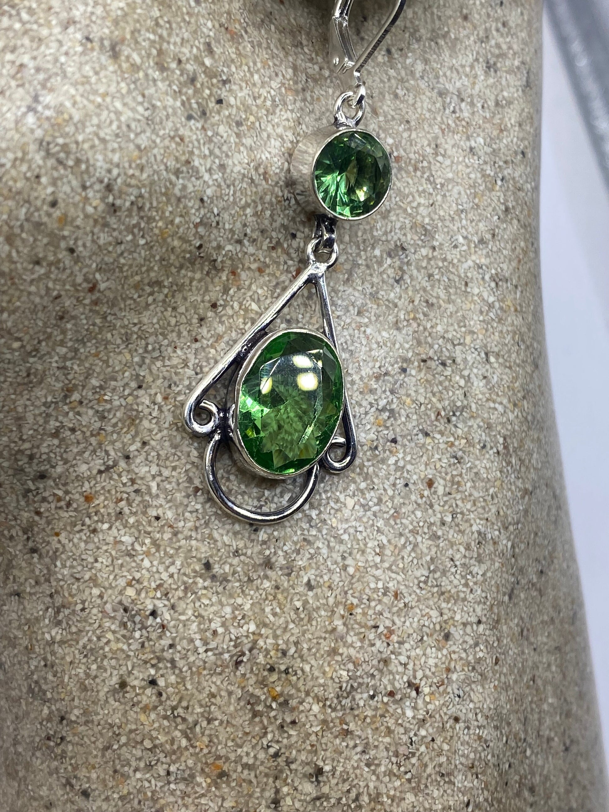 Antique Vintage Green Peridot Glass Silver Dangle Earrings