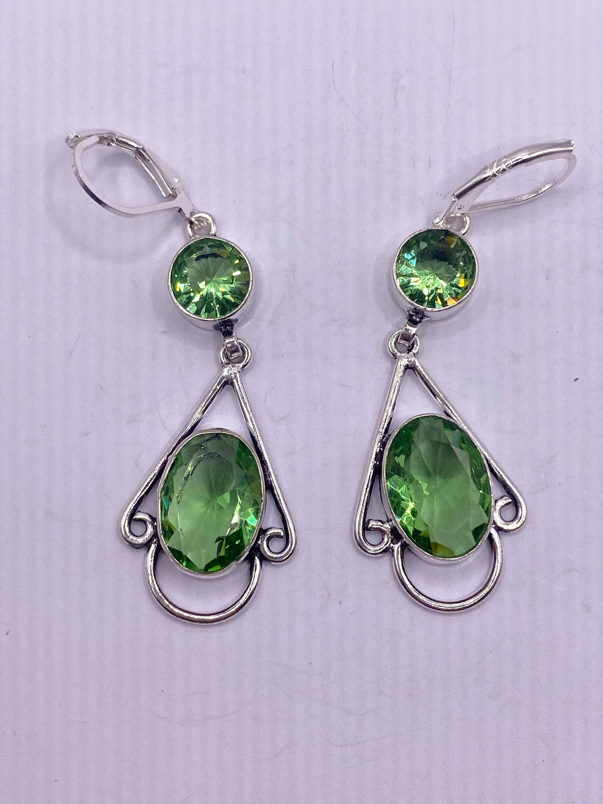 Antique Vintage Green Peridot Glass Silver Dangle Earrings