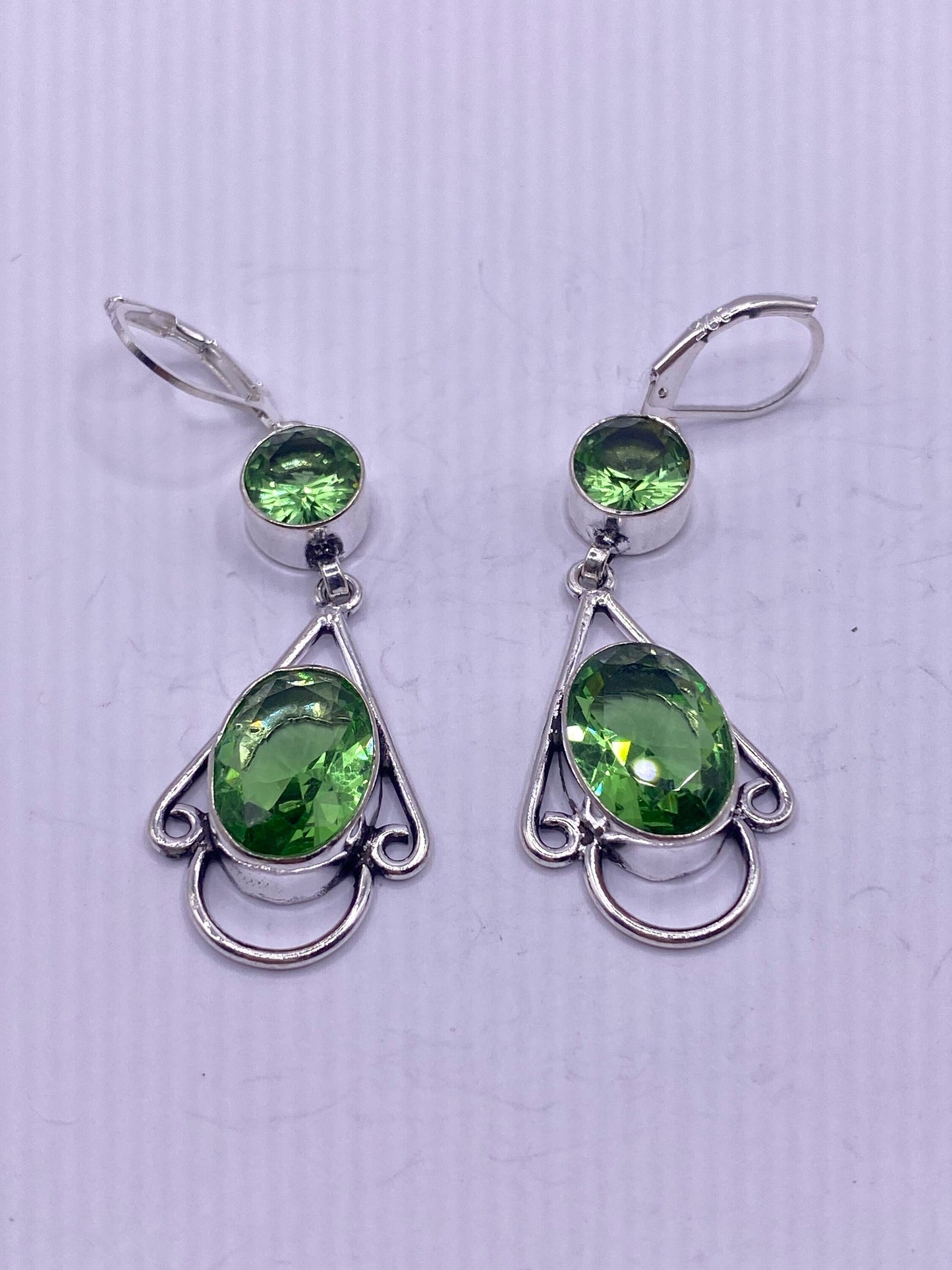 Antique Vintage Green Peridot Glass Silver Dangle Earrings