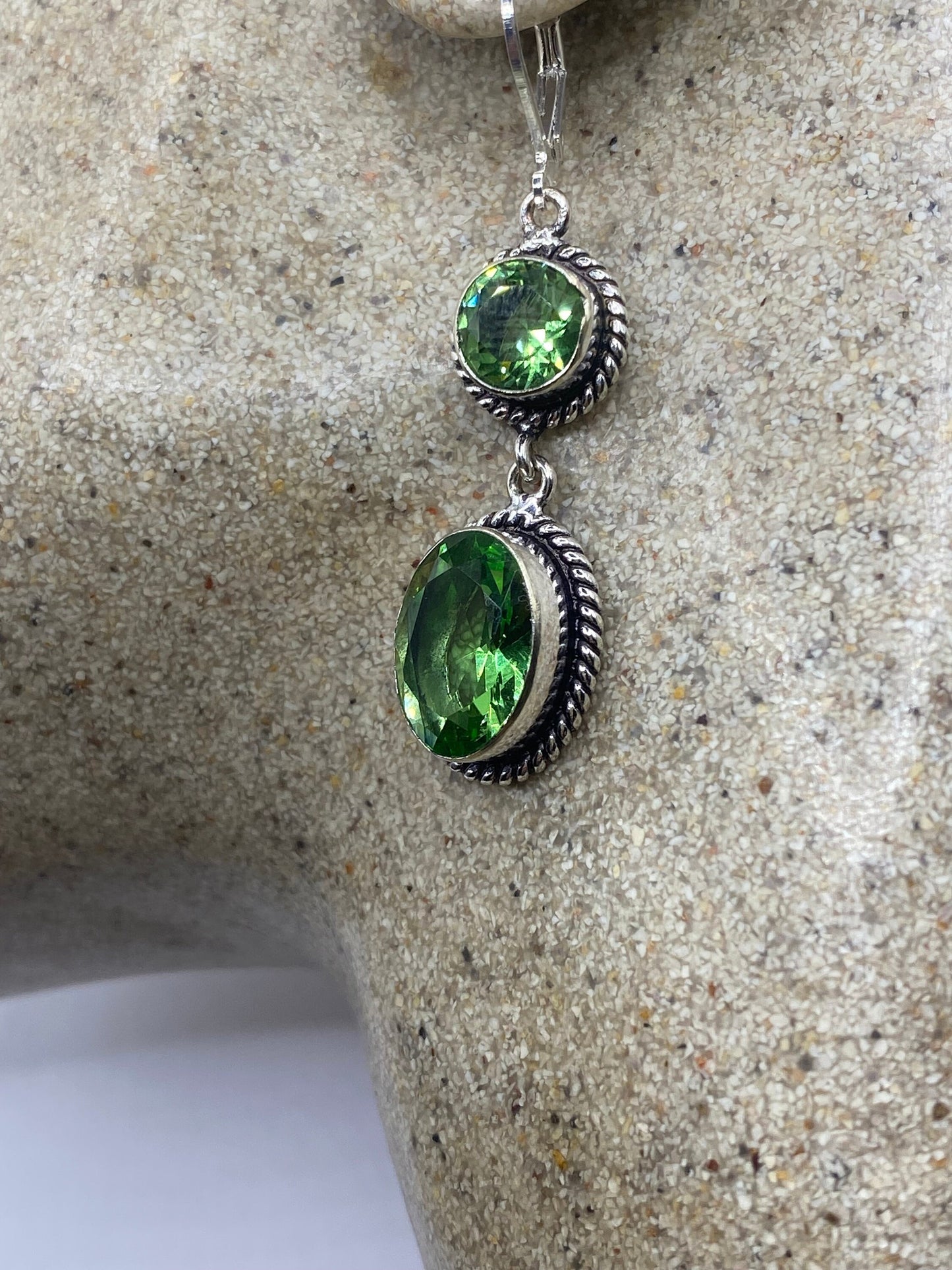 Antique Vintage Green Peridot Glass Silver Dangle Earrings