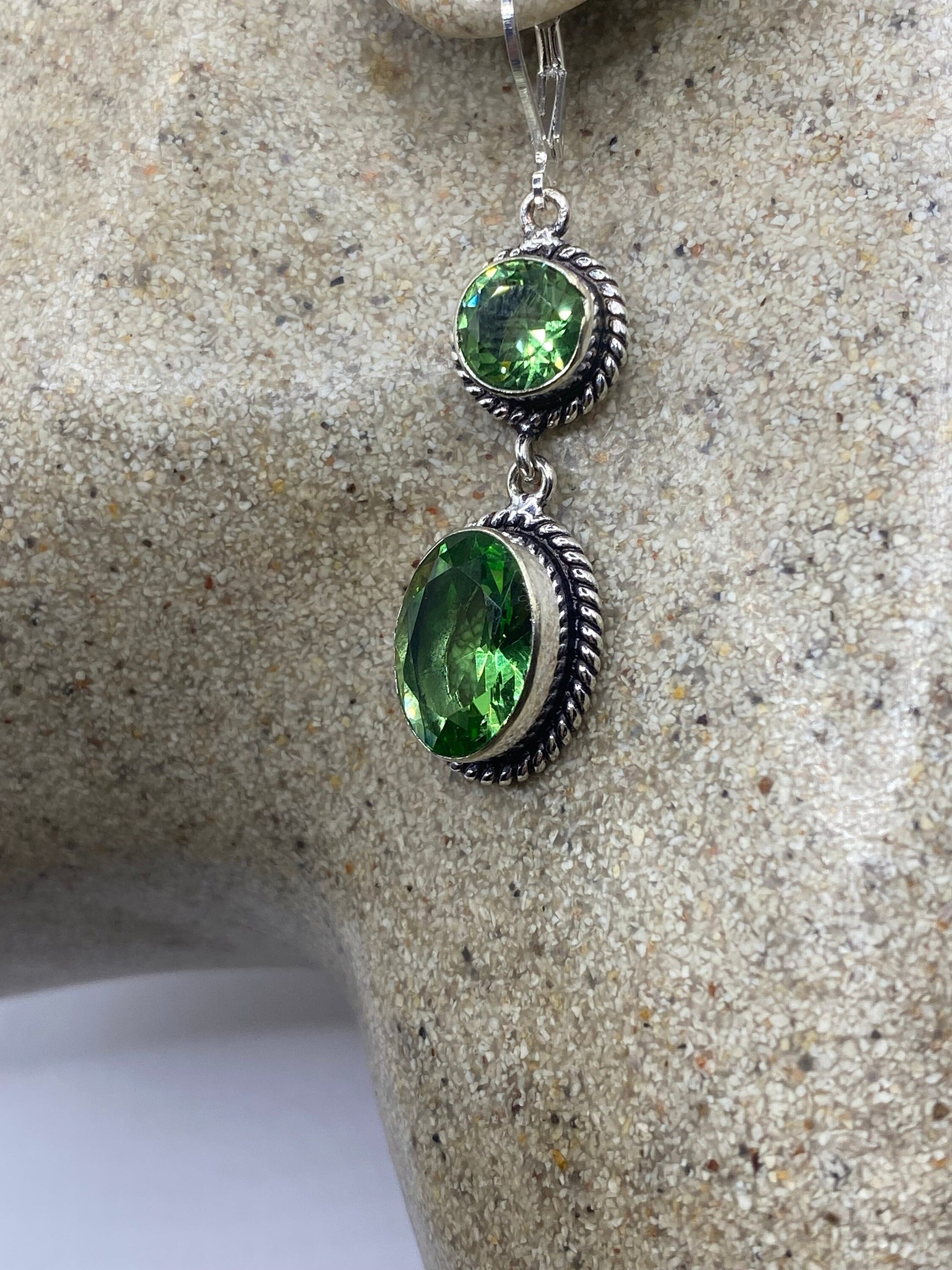 Antique Vintage Green Peridot Glass Silver Dangle Earrings