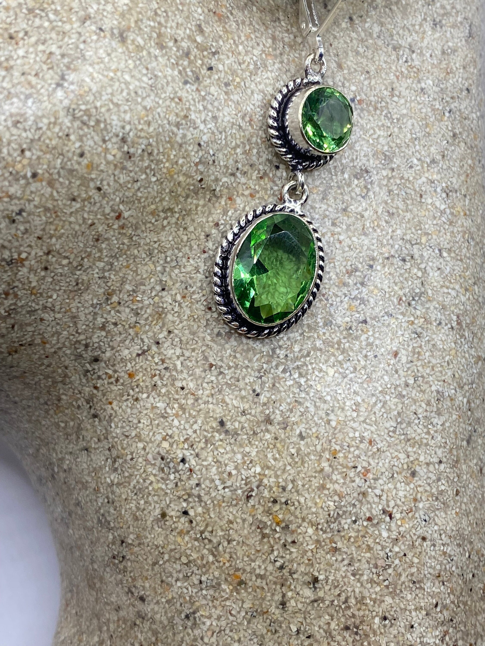 Antique Vintage Green Peridot Glass Silver Dangle Earrings